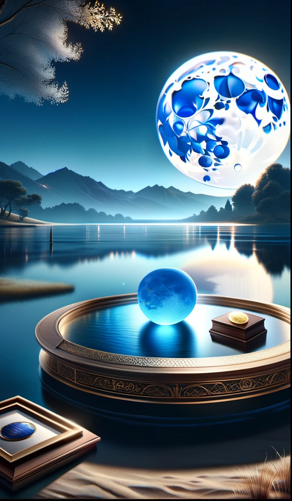 The blue big moon on the lake at midnight, still life, lanscape, silent, illusory scene, pure water, fantasy, ((masterpiece, best quality, ultra-detailed, an extremely delicate and beautiful)), ((photorealism, hyperrealism)), ((extremely detailed CG unity 8k wallpaper)), ((award winning, ccurate, UHD, textured skin, chromatic aberration, perfect anatomy, golden ratio)), (exquisite attention to detail), ((perfect_composition, perfect_design, perfect_layout, perfect_detail, ultra_detailed)), ((aesthetic harmony)), ((aesthetic style))
