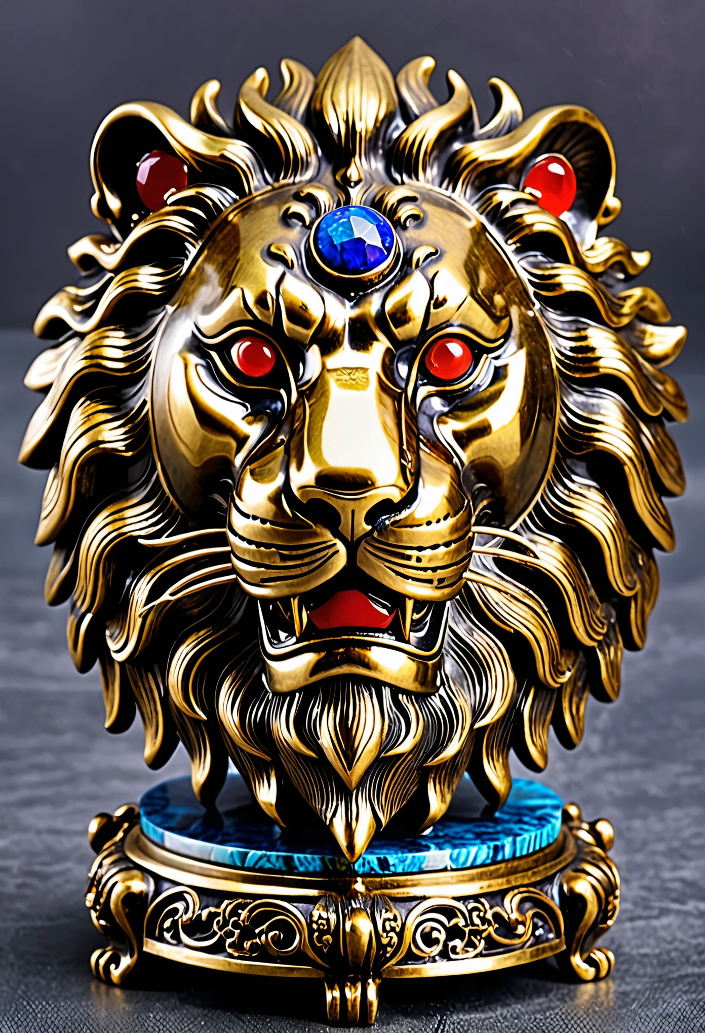 (best quality,4k,8k,highres,masterpiece:1.2),ultra-detailed,brass lion head sculpture on the table,exquisitely crafted,red gemstone eyes,blue gemstone forehead decoration,ornate and luxurious lion head artwork,Chinese elements,traditional culture,traditional craftsmanship,beautifully handcrafted,regal and majestic,sparkling gemstones,lifelike details,vibrant colors,shiny polished surface,decorative piece,East Asian heritage,Cultural heritage,antique,bronze sculpture,symbol of power and strength,traditional lion dance,eye-catching centerpiece,intricate design,authentic representation,impressive craftsmanship.