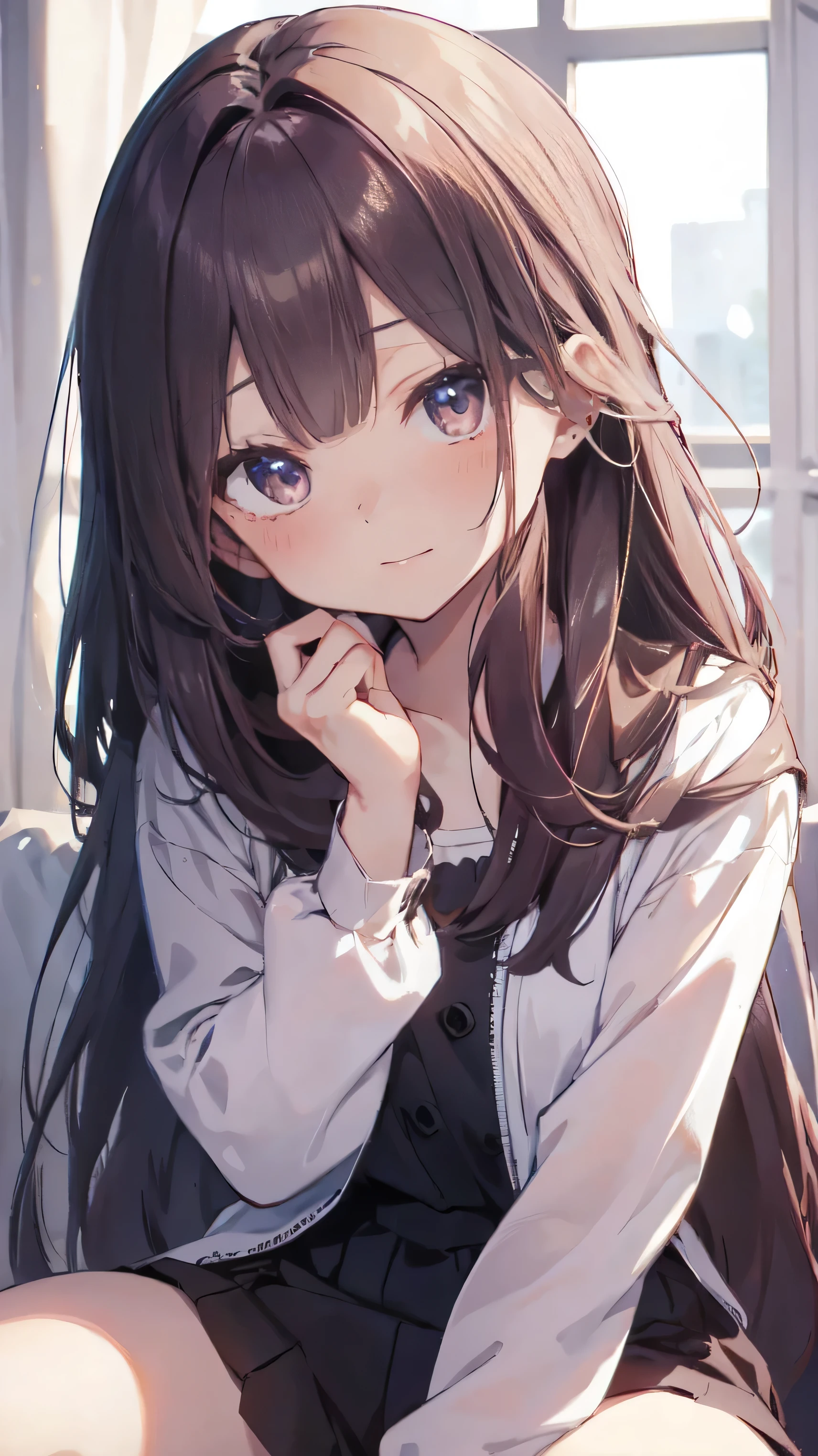 Masterpiece、Highest quality、highest quality、(((Lori)))、 ((Blushing with a shy expression))、Shiny hair quality、Small face、Sitting、Super detailed, beautiful, wide eyes、Ultra-detailed, clear and beautiful faces、(cute illustration:1.2), High-resolution, ultra-detailed, best quality, embarrassed