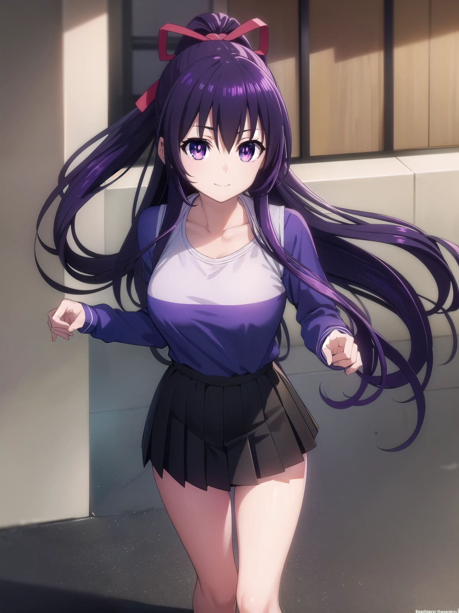 tohkayatogami, tohka yatogami casual, long hair, purple hair, alluringly smile , yoga crop top, square neck, long sleeve, black top, high waist skirt, short skirt , black skirt(purple eyes:1.1), hair ribbon, ponytail, purple hair, white ribbon, E cup breasts, bewitched thighs, slender waist, plump butt , sneakers 
BREAK ,
BREAK indoor gym, alone, 
BREAK looking at viewer, standing, tilt head, elegant poses ,full body view, 
BREAK (masterpiece:1.2), best quality, high resolution, unity 8k wallpaper, (illustration:0.8), (beautiful detailed eyes:1.6), extremely detailed face, perfect lighting, extremely detailed CG, (perfect hands, perfect anatomy),