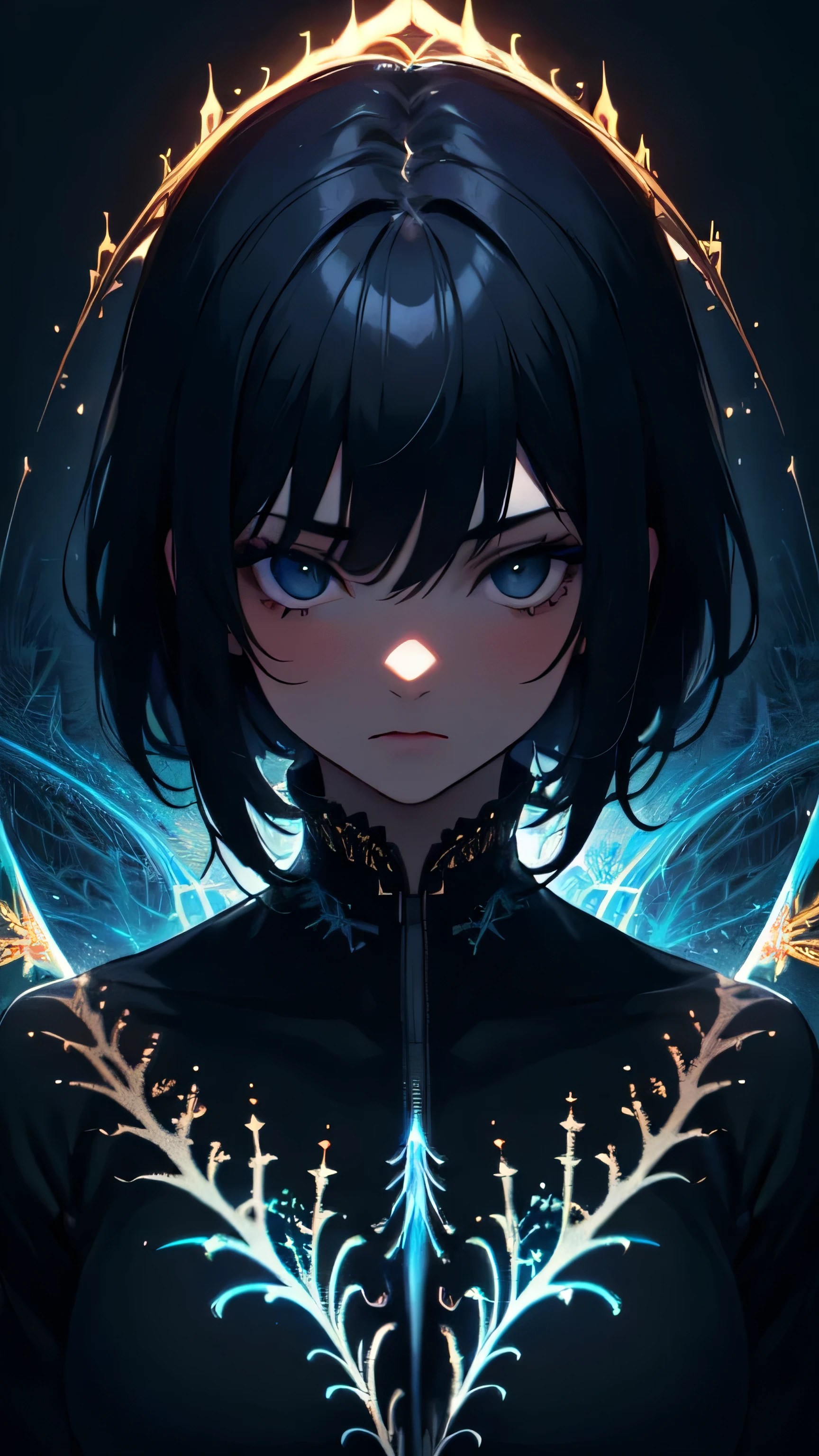 masterpiece,best quality,ultra high res,1girl,(fractal art:1.3),deep shadow,dark theme,forlorn,