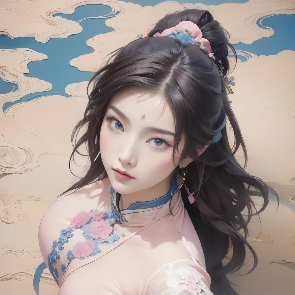 ((masterpiece:1.2, best quality)), Super detailed, Super accurate depiction, Super detailed的描绘, (Tangled:1.2), (Dynamic poses), (Abstract Background:1.5), Long wavy hair, Pink Hair, 1 Lace Girl, Pink transparent lace colorful, portrait, (from above:1.2)