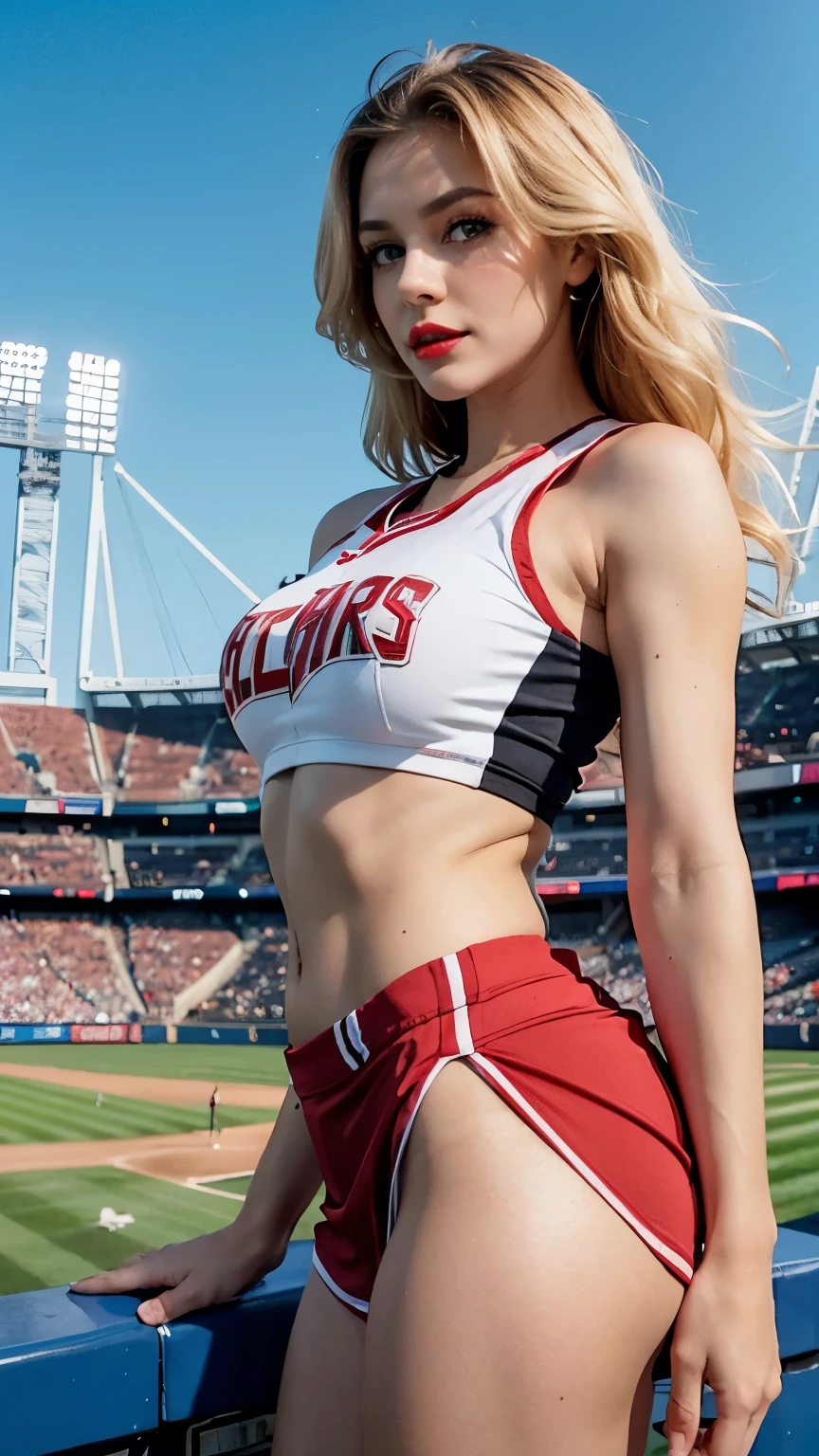 Beautiful girl, makeup, Red lips, medium body, medium chest, femoral, baseball cheerleader outfit, stadium landscape, blonde hair, blue eyes, europian girl.4K
