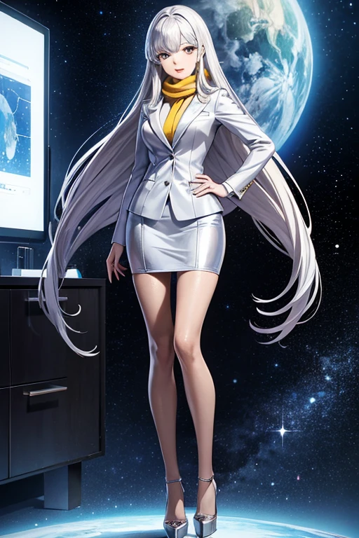 Anime Art、Full body portrait、Space SF Millionaire、A glamorous woman, about 55 years old, standing upright, about 190cm tall, wearing a silver office suit and a silver suit skirt、Bossy smile、Long, curly silver hair、Silver Eyes、stockings、High heels、Yellow scarf
