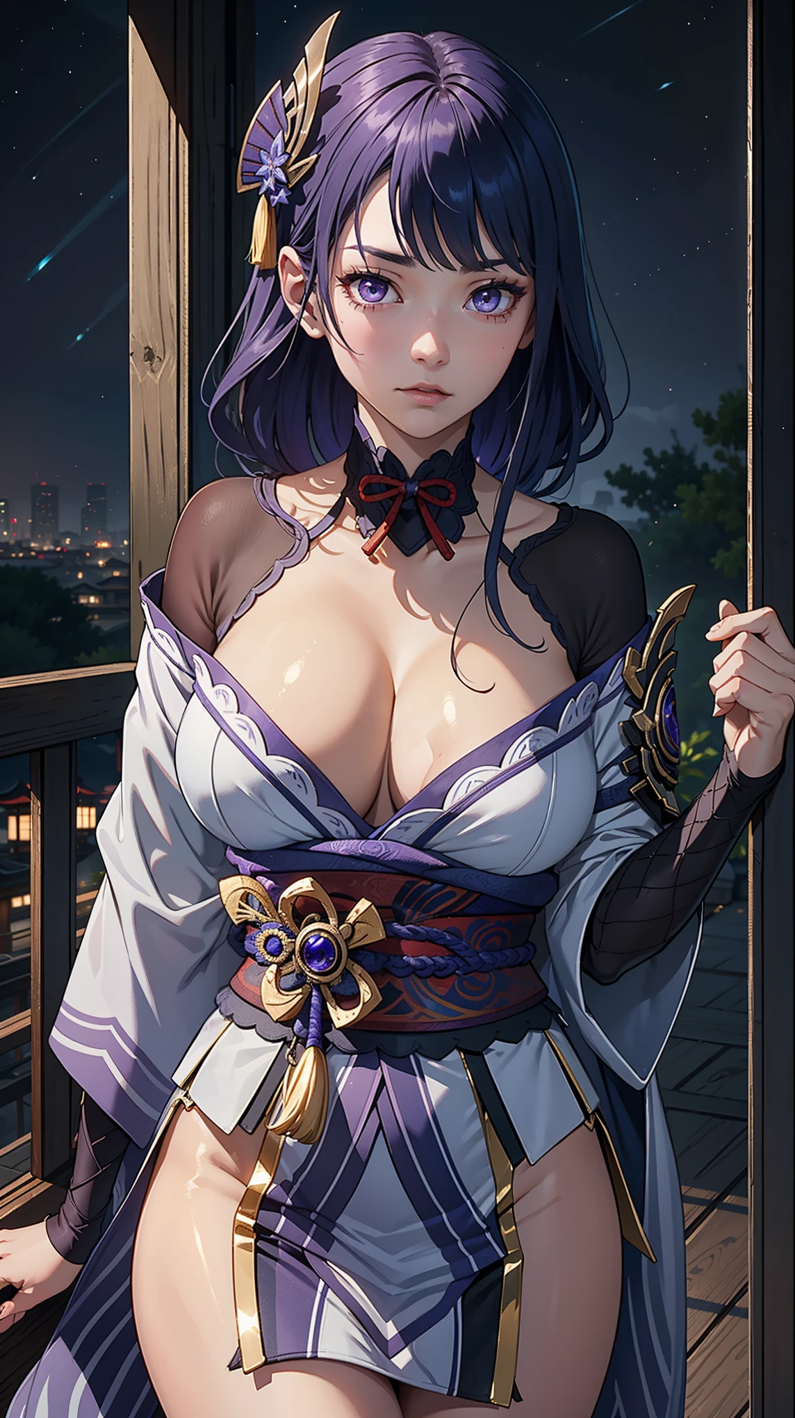 Masterpiece, ultra detail, high quality, 8k cg, large breast, raidenshogundef, night, glare face, bright eyes, standing, cleavage, slim body, narrow waist, (eyes shining), upper body