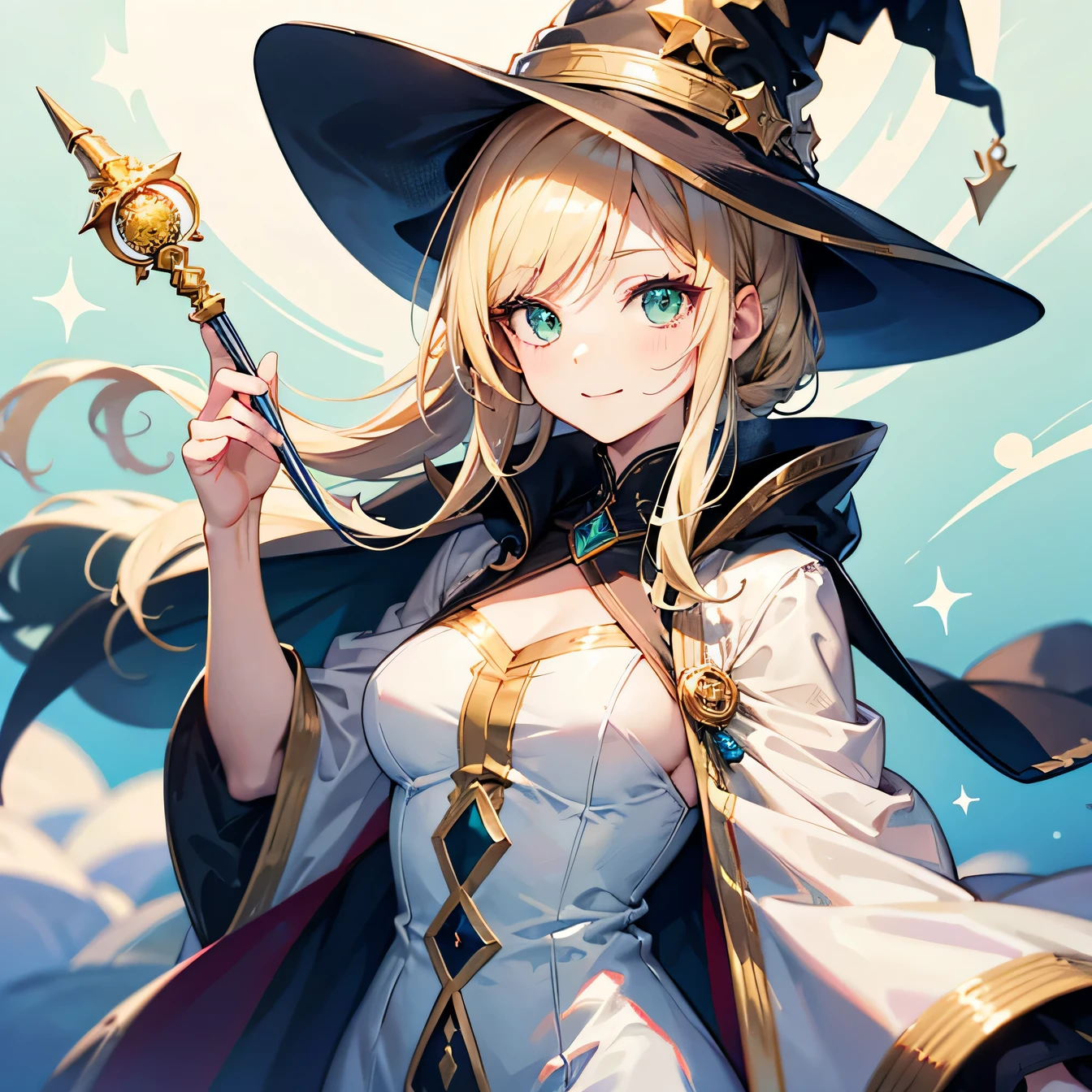 Anime Moe Art Style,highest quality,High resolution,Anatomically correct,One Woman,Adult woman in her twenties,Blonde long hair,Straight Hair,Her hair is straight down,Green Eyes,Super detailed,witch,White hat with gold trim,White cloak with gold trim,Red lining,Long dress,Medium sized breasts,A gentle smile,A rich expression,Eyes drawn in detail,Holding a magician&#39;s long wand,prairie,8K