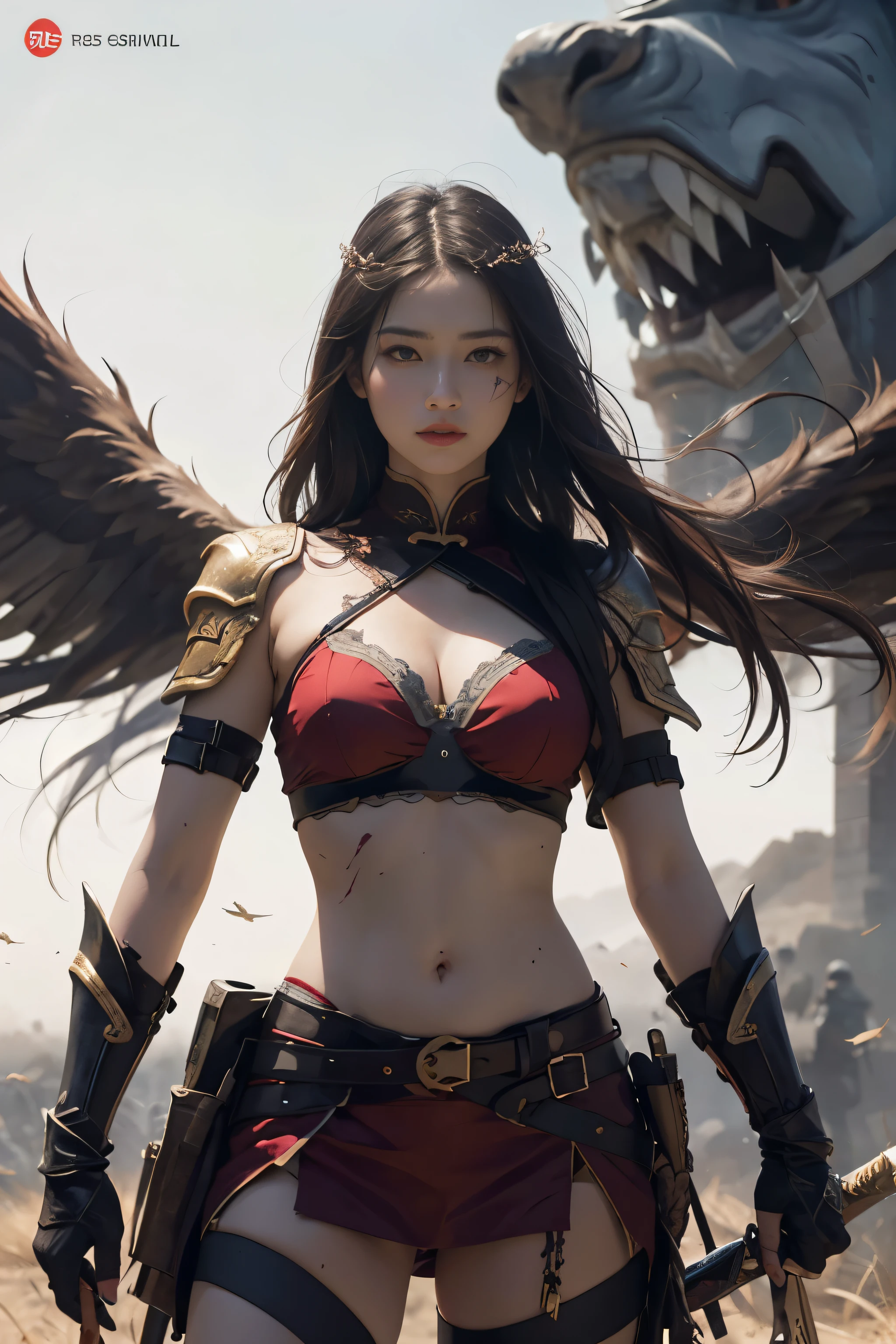 (Positive focus),(in the darkness nigth:1),(best qualtiy),(Fidelity:1),filmposter,realistic skin textures,highly detailed,8k wallpaper,Volumetriclighting,Dynamic Lighting,one-girl,cabelos preto e longos,horse tailed,Black Metal Armor,red waistband,Black armor,Shoulder blades,Waist Guard,Hand Guard,Wear a veil,Hold the long sword in front of you,Ancient Chinese wind,Fighting posture,Lots of blood,face with blood stains,Broken clothes,Ancient Chinese Battlefield,A group of ancient soldiers chased and killed,Arrows fly,There is a lot of war,the night,Dramatic composition,Sword qi surrounding,The picture is rich in detail,karo,Movie Lighting,(jiayi:1.5), closeup cleavage, tmasterpiece, best qualtiy, RAW photogr, realisticlying, the face, Incredibly Ridiculous res, depth of fields, A high resolution, ultra - detailed, finedetail, The is very detailed, Extremely detailed eyes and face, Sharp pupils, realistic pupil, tack sharp focus, cinmatic lighting,The shoulders have exposed skin,The belly button is exposed,The thighs of the legs are exposed,Sniper,A sharp eye as a sniper,A tomboyish beautiful girl,Her appearance is that of a peerless beauty.,
