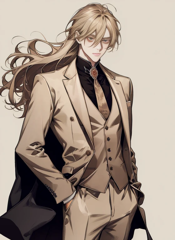 portrait of a man in his 20s, 28 years old man, mysterious, melancholy, standing, above the waist, hands down, ((beige three-piece suit)), ((hair between eyes)), long side hair, bangs, ((looking at the viewer)), messy hair, shoulder length hair, beige hair, pale skin, dark brown eyes, (((gender-neutral))), game graphic, white background, late 19th century