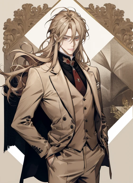portrait of a man in his 20s, 28 years old man, mysterious, melancholy, standing, above the waist, hands down, ((beige three-piece suit)), ((hair between eyes)), long side hair, bangs, ((looking at the viewer)), messy hair, shoulder length hair, beige hair, pale skin, dark brown eyes, (((gender-neutral))), game graphic, white background, late 19th century