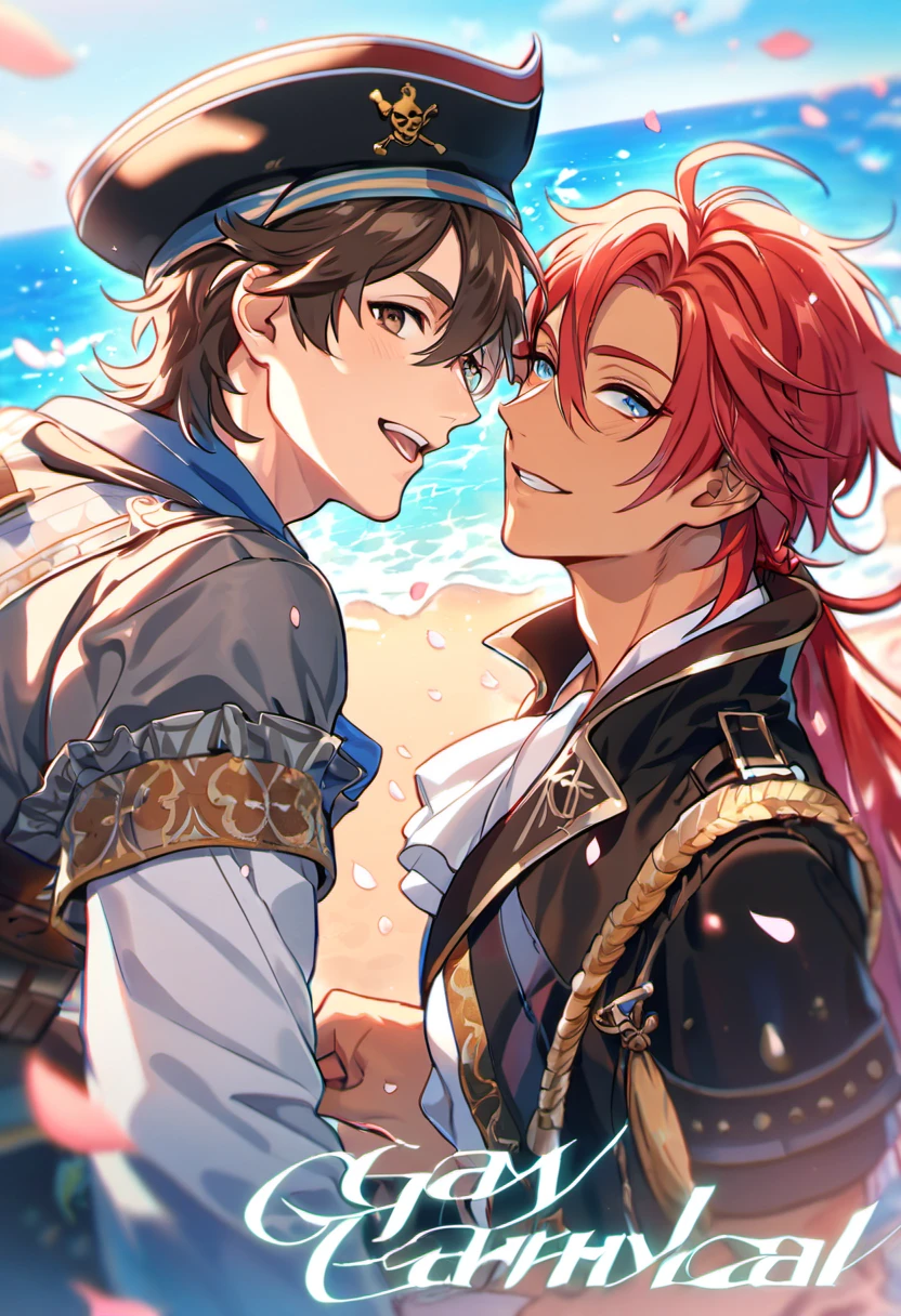 absurdres, highres, ultra detailed, HDR, master piece, best quality, Eiden, brown hair, expressive brown eyes, Nu Carnival, Dante with tanned skin, long red hair, expressive blue eyes, two men together, gay couple, handsome, fantasy black pirate clothes, black hat, sea, beach, petals