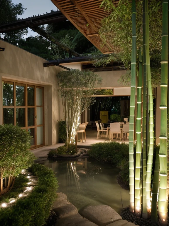 outdoor house, Well-pruned green trees, royal garden,grass yard,beige wall, sloped roof,wood and glass door, (night:1.2),(northen light), beautiful landscape, stream in front of house, in the bamboo forest, RAW photo, 8k uhd, dslr, soft lighting, high quality, film grain, Fujifilm XT3, (indoor lighting),