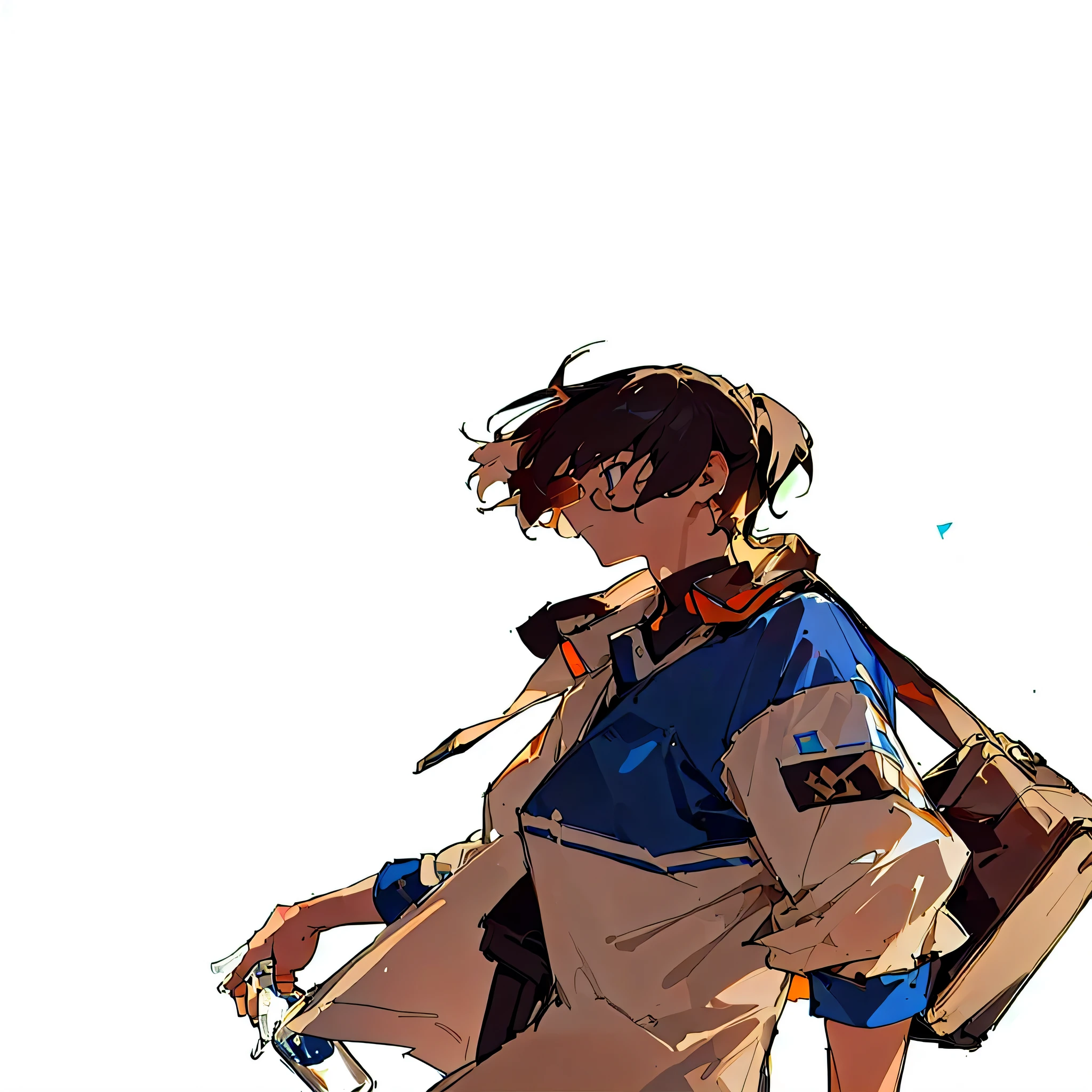 masterpiece, best quality,8k wallpaper(best quality), (Best Illustration),Boys&#39; profile，Sunset，Carrying a black bag，Mineral water in hand，Blue and white clothes