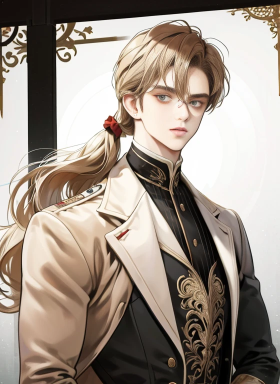 portrait of a man in his 20s, 28 years old man, mysterious, melancholy, standing, above the waist, hands down, ((beige three-piece suit)), ((hair between eyes)), long side hair, bangs, ((looking at the viewer)), messy hair, shoulder length hair, beige hair, pale skin, dark brown eyes, (((gender-neutral))), game graphic, white background, late 19th century
