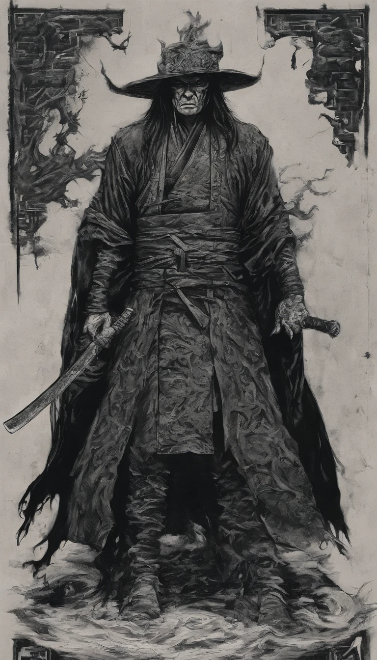 middle aged man, Punk style drawing, a high resolution, black hair color, Half of a demon's body.,Half faces the demon, Chinese warrior, Thin blue 3D flame demon face, bird, Wear a hat, Expression of anger, ideal body proportions, joke, Black and white robes, The sheath hangs from his waist, Beautiful, Seven doubles have an unobstructed view, Get back on your feet, (White background:1.3), swordsman, He had a long, wide and heavy knife in hand.。。。。。。。。。。。。。。。。。。。。, Front side of the lens, (Black clothes:0.8), very detailed, masterpiece, accurate, Anatomically correct, Textured leather