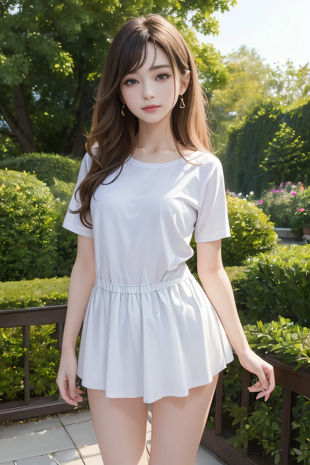 (highest quality,masterpiece,Ultra-high resolution,Hyperrealistic:1.5,16k raw photos:1.5)、(Genuine: 1.4),Original photo、(Evening City)、1 girl,Iris,Looking at the audience,Laugh happily,Charming smile,Long Hair,Silky beautiful hair,light makeup,lips,Small ears,White T-shirt,Denim shorts,Earrings,Slim golden ratio body,Neat、Anatomically accurate depiction、garden,Theme park、