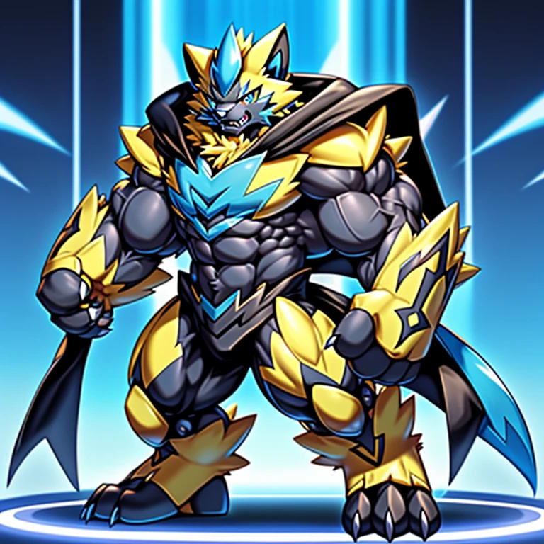 (Pokémon) Zeraora's giant robot. big muscle. GIANT. pecs, triceps, traps, waist narrow. body full of huge muscles. He wears a black cloak on his back. The cloak is so long that it touches the ground, The claws are sharp, Sharp teeth, Protecting Zeraora's design and color scheme. Wearing cyberpunk mecha, Its full plate armor emphasizes the muscles. He wears the same armor as himself from head to foot. unusually developed muscular body, (Pokémon) A Zeraora at the bodybuilding competition, massive, huge muscular bodybuilder with extraordinary biceps, pecs, triceps, traps, gigachad, 300 lbs. The claws are sharp, Sharp teeth,