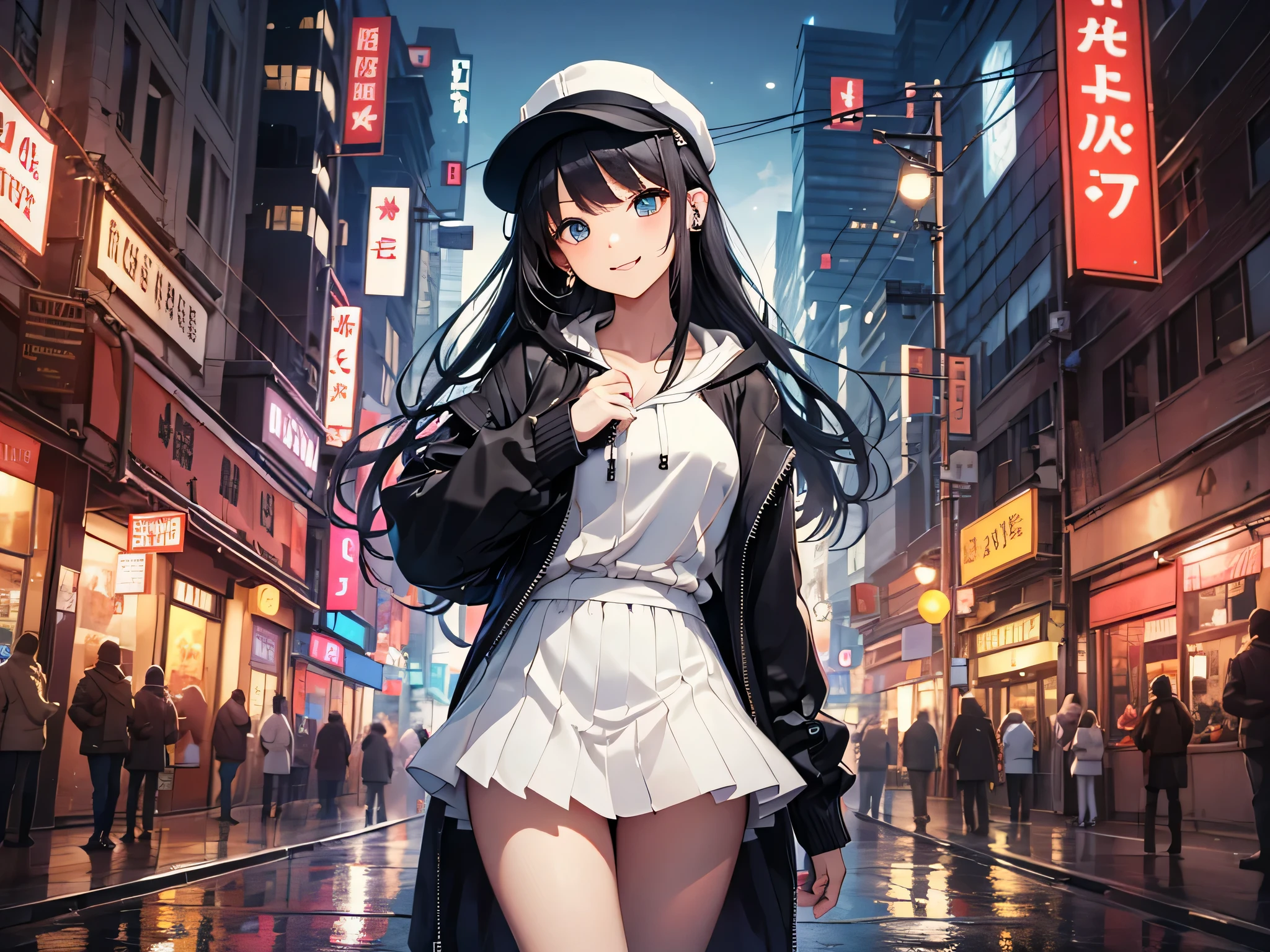 最high quality、best image quality、masterpiece、teenage girl((18-year-old、 By becoming、vest bust、medium bust,wide open breast tea、black eye, black hair、long hair、thin,highest valley、black hoodie(2:3),White skirt、sit、open the thighs、cute blue hat、slouch(2:3),smile、put your hands behind your back)),high quality、beautiful art、background((City of night、Restaurant area)),debris flies、Depth of written boundary、movie、visual art、perfect art、8K,genuine