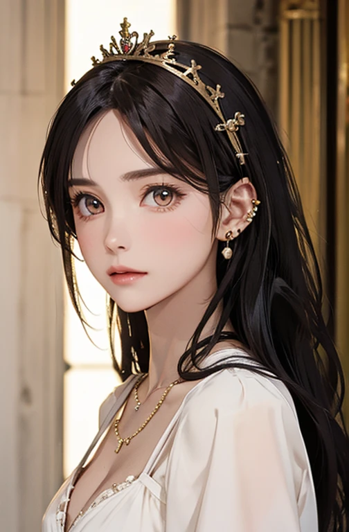 Princess , in castle , detailed hand , high quality, super quality, detailed face, beautiful woman , golden eyes, long hair , mega breast , gorgeous dress, tiara, necklace , earring , sharpe eyebrow ,