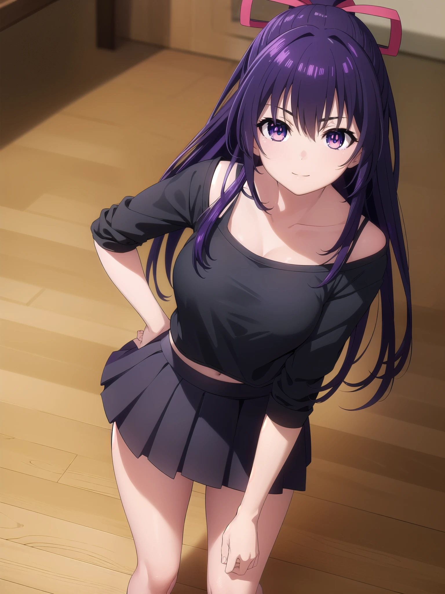 tohkayatogami, tohka yatogami casual, long hair, purple hair, alluringly smile , yoga crop top, wide neck, long sleeve, black top, high waist skirt, short skirt , black skirt(purple eyes:1.1), hair ribbon, ponytail, purple hair, white ribbon, E cup breasts, bewitched thighs, slender waist, plump butt , sneakers 
BREAK ,
BREAK indoor gym, alone, 
BREAK looking at viewer, standing, tilt head, elegant poses ,full body view, 
BREAK (masterpiece:1.2), best quality, high resolution, unity 8k wallpaper, (illustration:0.8), (beautiful detailed eyes:1.6), extremely detailed face, perfect lighting, extremely detailed CG, (perfect hands, perfect anatomy),