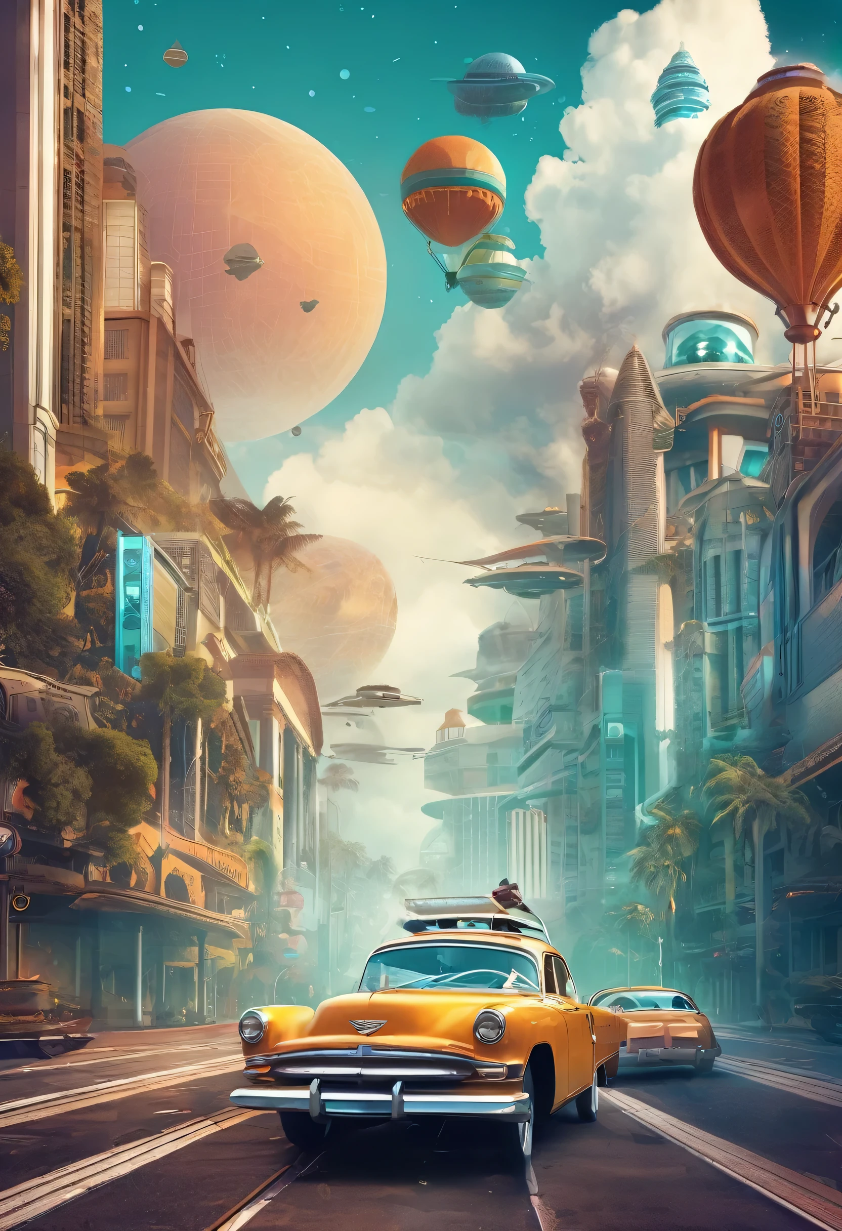 Make an illustration based on the theme 'travel in time'. Combine elements from the past and future in one image with a futuristic aesthetic