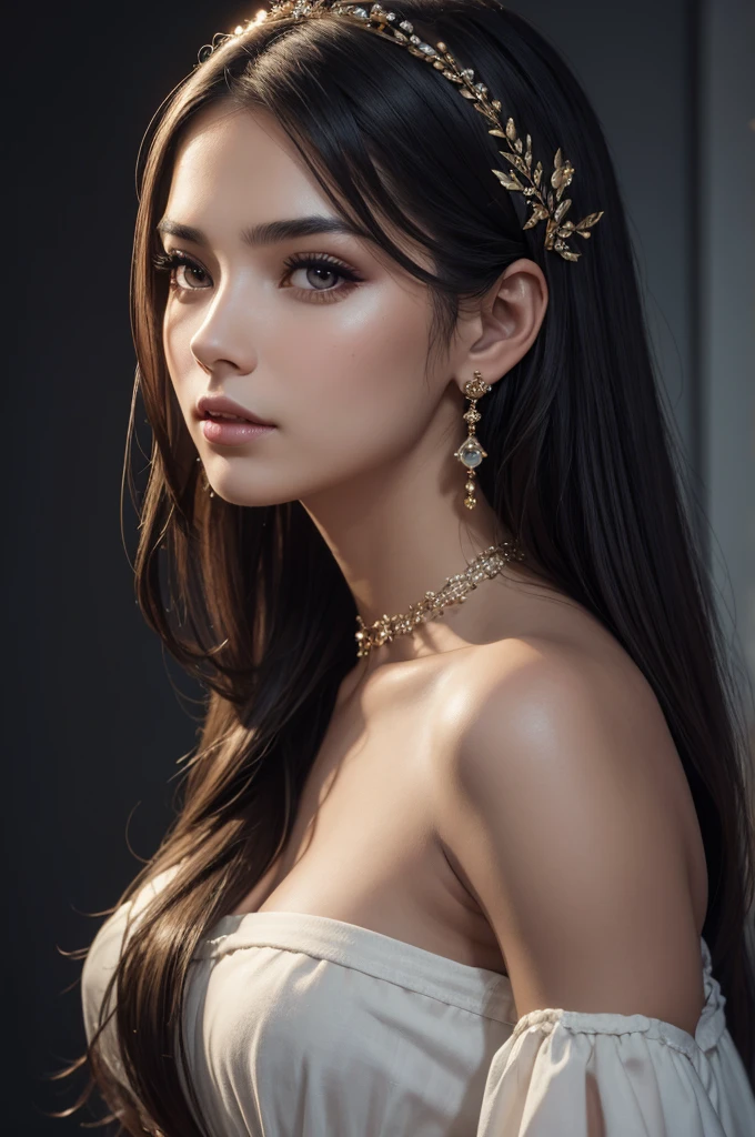 best quality, masterpiece, high resolution, 1 woman, beautiful face, close your mouth, lips, hair accessories, long hair, earrings, beautiful face, on the body, tindal effect, realism, dark studio, edge lighting, two tone lighting, (high detail skin: 1.2), 8k uhd, dslr, soft light, high quality, volumetric lighting, photo, high resolution 4k, 8k, blurred background
