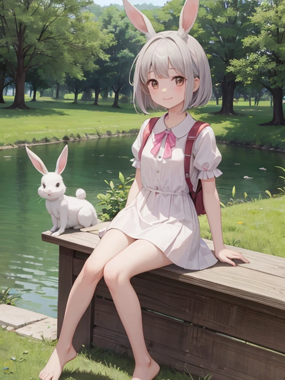 Tabletop, highest quality, High resolution, Very detailed, Detailed Background, Cinema Lighting, One Girl, View your viewers, Animal ears, Rabbit, barefoot, dress, Sitting, Rabbit ears, Short sleeve, View your viewers, Grassland, short hair, smile, Gray Hair, Puffy sleeves, Outdoor, パフShort sleeve, bangs, whole body, Carrying a pink school bag, (Randoseru Backpack:1.0), White dress, Day光, Brown eyes, 斑点模様のDay光, Day,