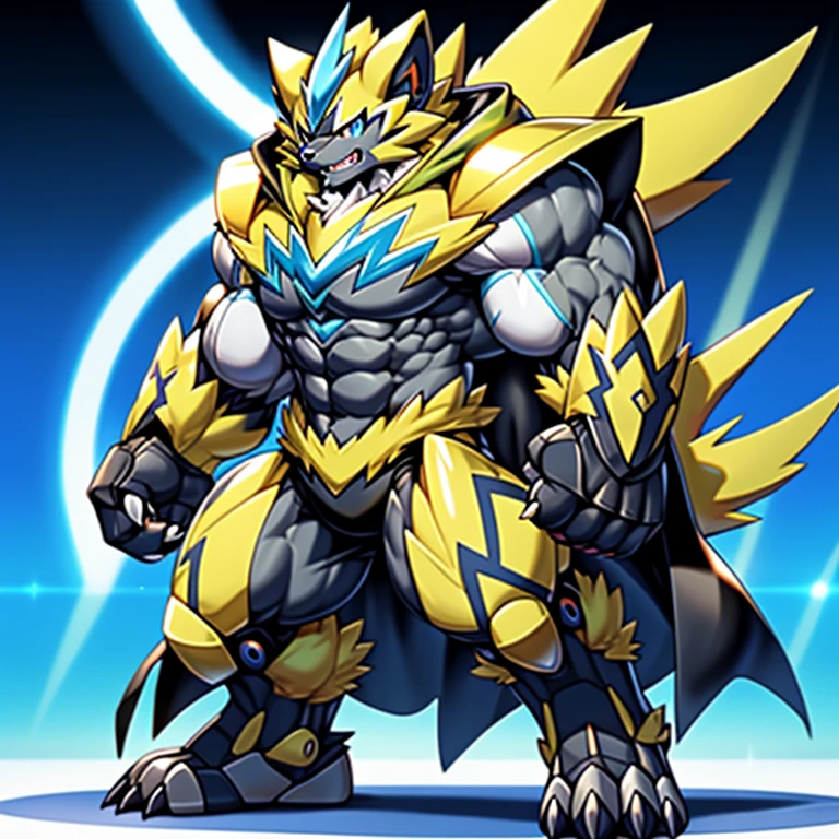 (Pokémon) Zeraora's giant robot. big muscle. GIANT. pecs, triceps, traps, waist narrow. body full of huge muscles. He wears a black cloak on his back. The cloak is so long that it touches the ground, The claws are sharp, Sharp teeth, Protecting Zeraora's design and color scheme. Wearing cyberpunk mecha, Its full plate armor emphasizes the muscles. He wears the same armor as himself from head to foot. unusually developed muscular body, (Pokémon) A Zeraora at the bodybuilding competition, massive, huge muscular bodybuilder with extraordinary biceps, pecs, triceps, traps, gigachad, 300 lbs. The claws are sharp, Sharp teeth,
