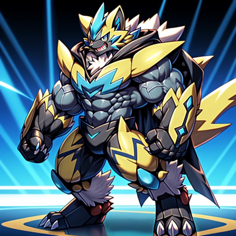 (Pokémon) Zeraora's giant robot. big muscle. GIANT. pecs, triceps, traps, waist narrow. body full of huge muscles. He wears a black cloak on his back. The cloak is so long that it touches the ground, The claws are sharp, Sharp teeth, Protecting Zeraora's design and color scheme. Wearing cyberpunk mecha, Its full plate armor emphasizes the muscles. He wears the same armor as himself from head to foot. unusually developed muscular body, (Pokémon) A Zeraora at the bodybuilding competition, massive, huge muscular bodybuilder with extraordinary biceps, pecs, triceps, traps, gigachad, 300 lbs. The claws are sharp, Sharp teeth,
