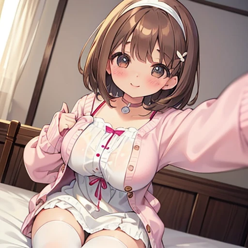Beautiful slightly large breasts, Brown Hair, Brown eyes, Wave Shorthair, bangs, blush,  bright, smile, White ruffle dress,  , first round, choker, Lock, 12 years ed, Droopy eyes, cute hair accessories,  White tights, Thick thighs, bed, Pink Cardigan, Selfie, White panties, 