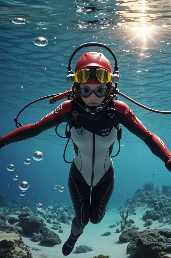 (best quality, masterfully painted:1.2), hyper-detailed, professional scuba diver with goggles and diving gear, masterpiece, numerous bubbles, distorted reflection of the sun, underwater motion, fishes, coral, many bubbles, 32k, ((general shot :1.6)), Unreal Engine:1.4, Ultra-realistic, photorealistic CG K:1.4, Skin texture:1.4,