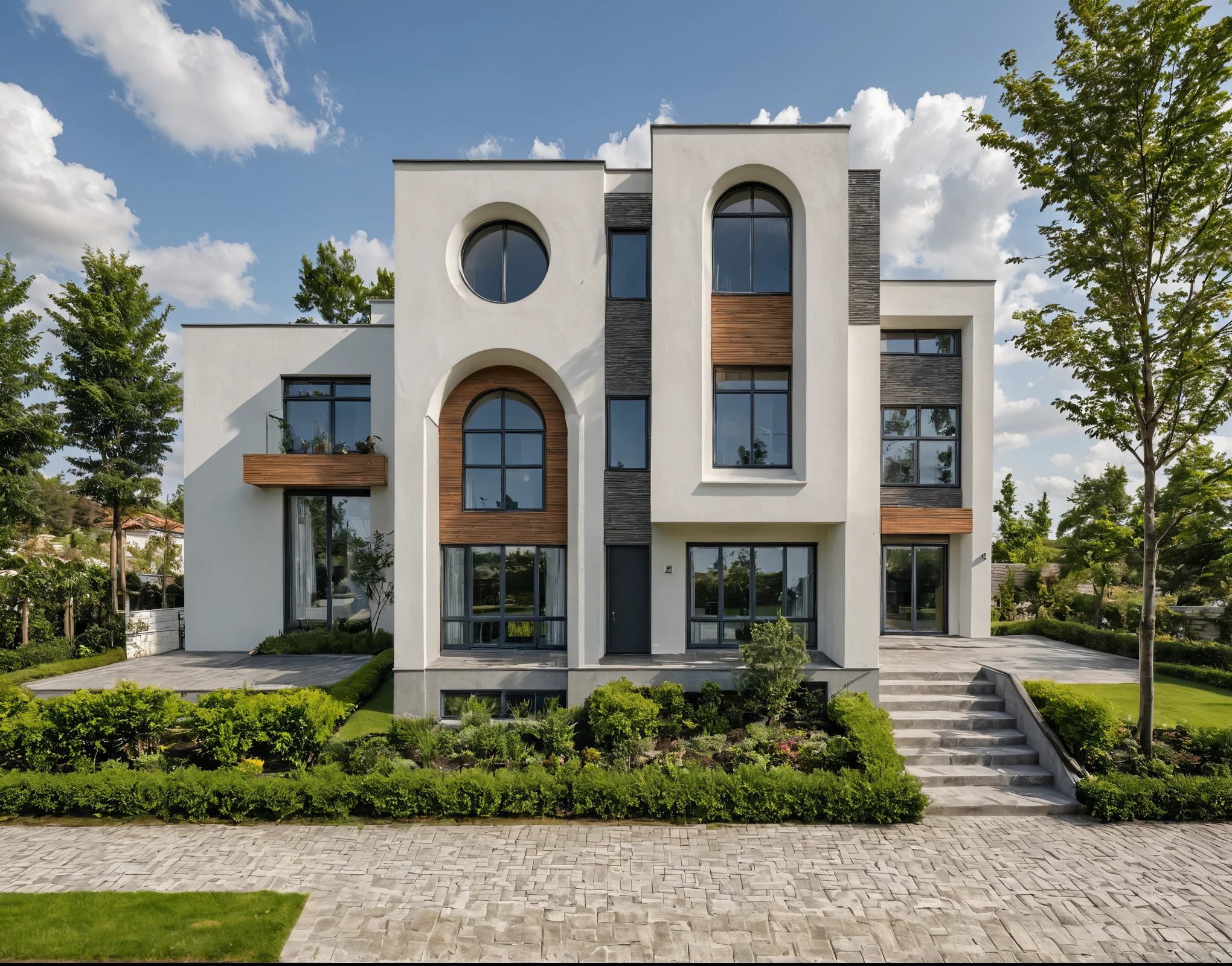 chef-d&#39;artwork, high quality, best quality, authentique, Great detail, en plein air, villa de plain-piedXL, credit group, style de maison moderne dans la rue ,escaliers, mur blanc ,route,pavement, herbe, des arbres, ciel, nuage, (day light:1.1)
