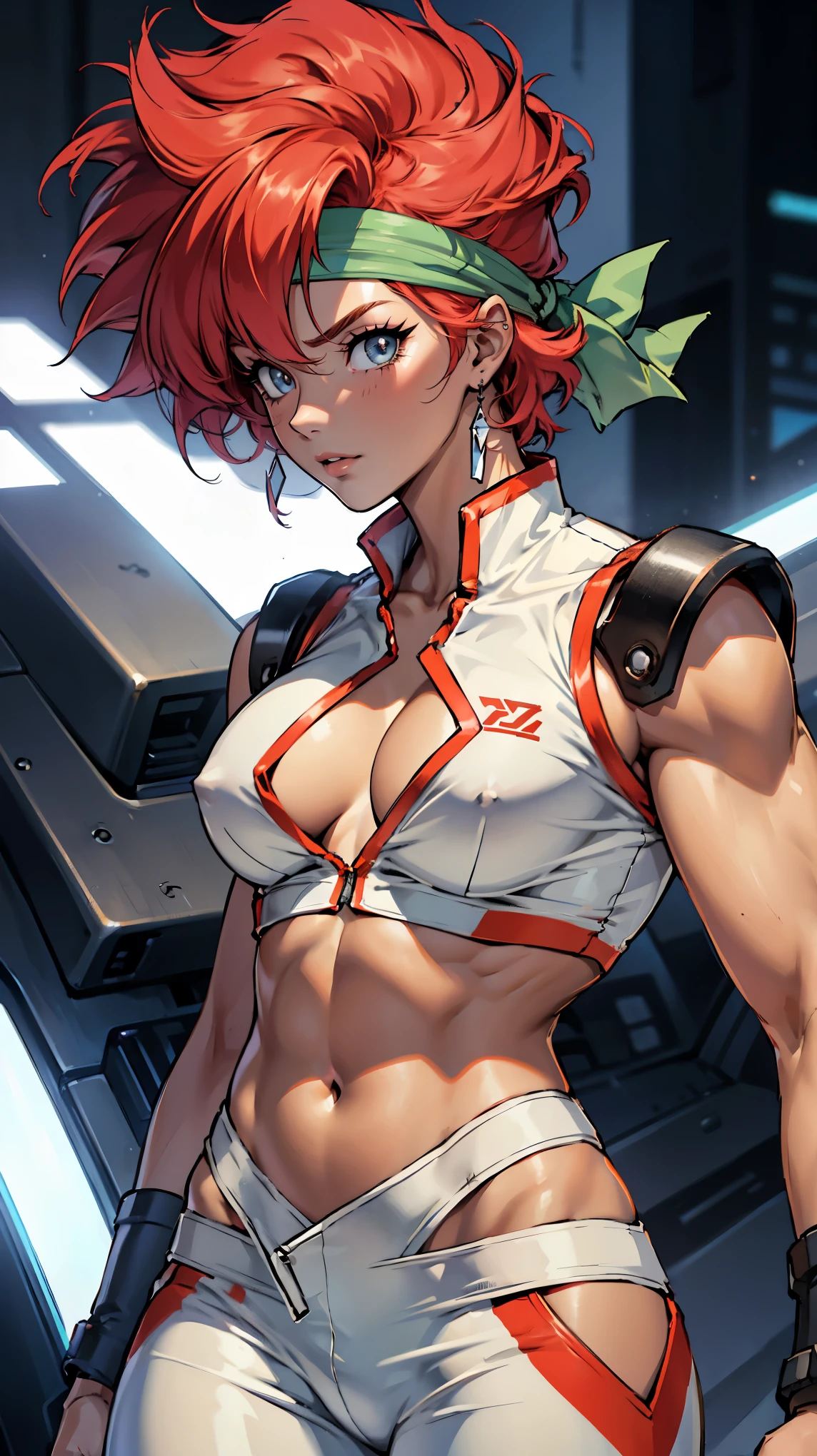 ((masterpiece, highest quality; 1.3)), super quality, Beautiful details, Very detailed, Ultra-fine, 16k, Exquisite, Abdominal musclesurd, High resolution, Beautiful background, Detailed Background, Beautiful Eyes, Beautiful Skin, Anime Style, ((1 Female, solo)), ((Face Focus:1.5, Close-up)), Dirty Pair&#39;s Kei is wearing a white high-waisted outfit, Cleavage, Bushy red-haired beauty, White Uniform, Wear tight clothes, Skimpy, (Center of chest:1.2), Covered giant nipples, (Muscular body: 1.2), Abdominal muscles, Six Pack, oblique muscle, Muscular biceps, Hamstring, Slim Waist, Thin thighs, Thigh Gap, Show your belly, skinny, Thin Hips, Cyberpunk City Background, BREAK Green Headband, emerald green headband