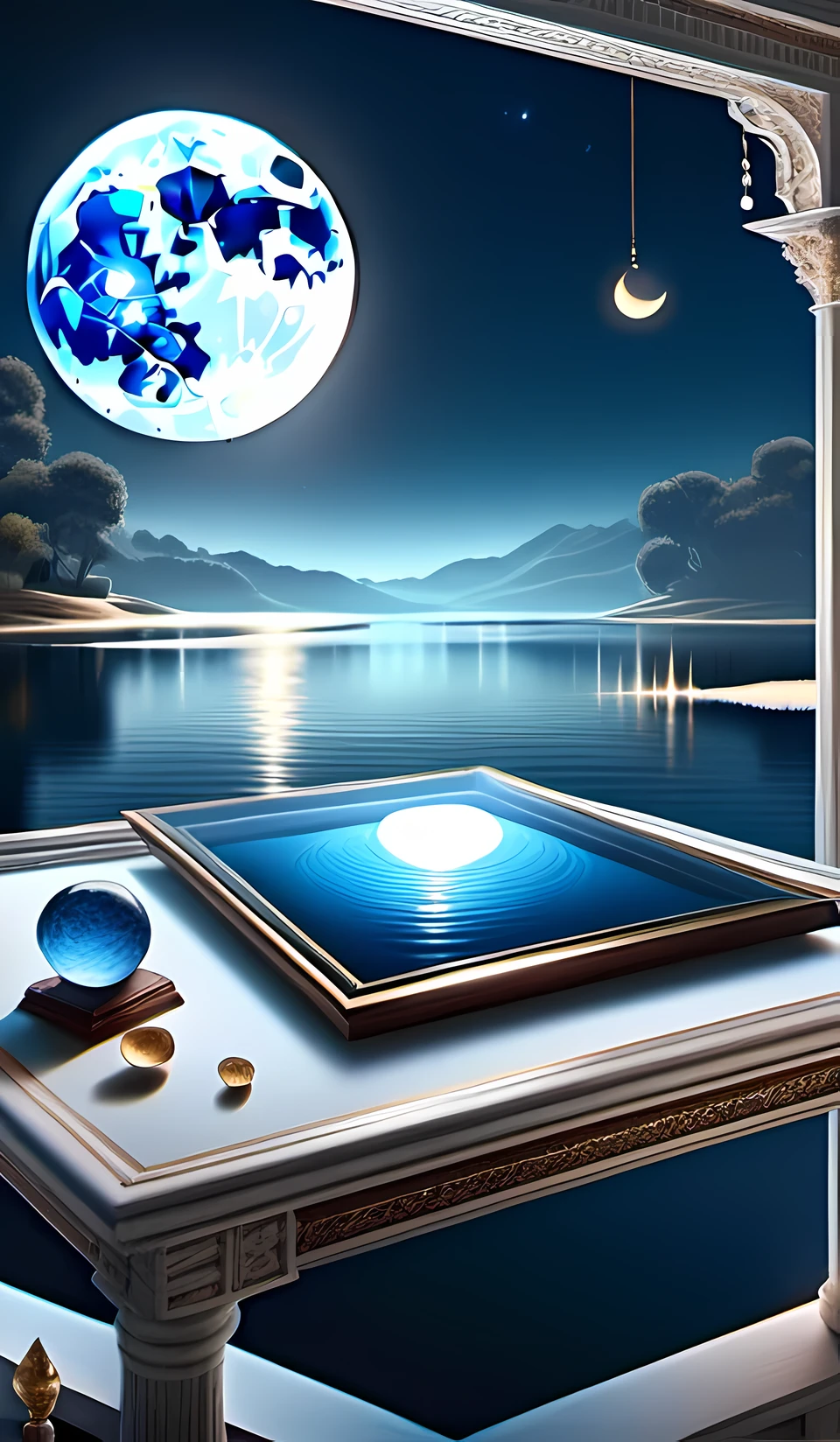 The blue big moon on the lake at midnight, lanscape, silent, illusory scene, pure water, fantasy, still life, ((masterpiece, best quality, ultra-detailed, an extremely delicate and beautiful)), ((photorealism, hyperrealism)), ((extremely detailed CG unity 8k wallpaper)), ((award winning, ccurate, UHD, textured skin, chromatic aberration, perfect anatomy, golden ratio)), (exquisite attention to detail), ((perfect_composition, perfect_design, perfect_layout, perfect_detail, ultra_detailed)), ((aesthetic harmony)), ((aesthetic style))