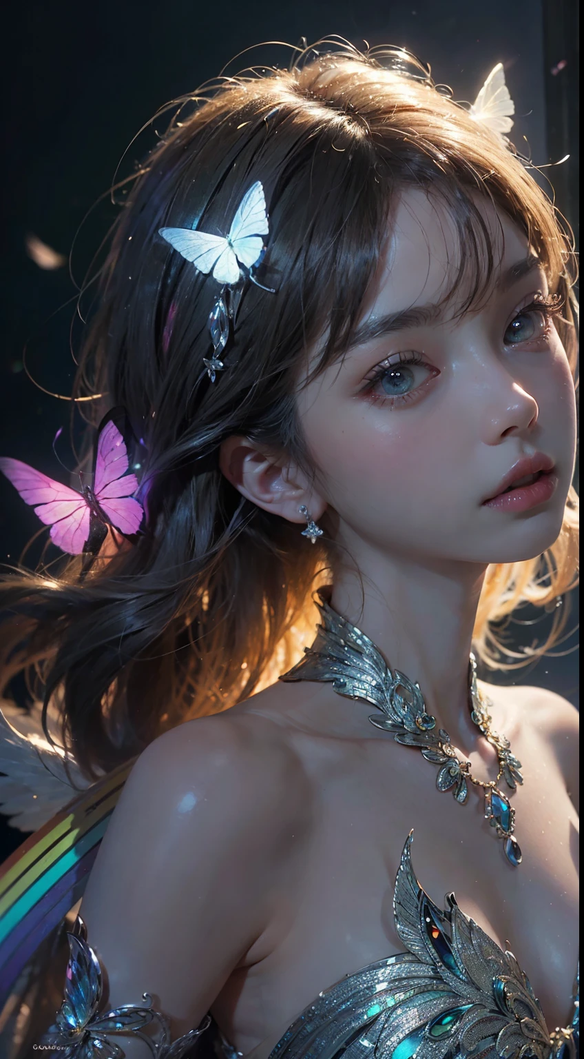 (((masterpiece))), (((best quality))), ((ultra-detailed)),(highly detailed CG illustration), ((an extremely delicate and beautiful)),cinematic light, Create a stunning fantasy artwork that mimics the style of currently trending masters of the genre. The art piece should contain elements of both mythic fantasy and fairytale fantasy with dreamy rainbow accents. ((Utilize the rainbow as the main color scheme.)) The character in the artwork is a delicate but strong figure with an aura of mystery and magic and (beautiful translucent rainbow wings). Pay close attention to intricate facial features, such as mesmerizing eyes with vibrant colors and bold shading. The character's clothing should be designed with gossamer feathers, silk, stunning embroidery, and subtle iridescent details. Incorporate (((translucent rainbows))), dreamy colors, dynamic lighting, and detailed background elements to create a sense of awe and immersion. Include colorful flying magical birds and jewel-toned rainbow butterflies radiating a magical aura. Consider the latest trends in fantasy art, such as incorporating unique lighting effects, exploring dynamic and compelling composition techniques, and experimenting with unique color palettes. Take inspiration from the top artists on ArtStation and Midjourney. Camera: Choose an angle that highlights the character's beauty and enhances the magical majesty of the artwork. Lighting: Utilize atmospheric lighting techniques to create depth and mood. Resolution: Aim for a high-resolution artwork to showcase intricate details and clarity. Art Inspirations: Seek inspiration from the trending artists on ArtStation, exploring different styles, genres, and themes.,A simple background,The main girl is super beautiful,Are thin,Slim figure,Small Bust,Beautiful long and slender eyes,Korean Beautiful Girl,