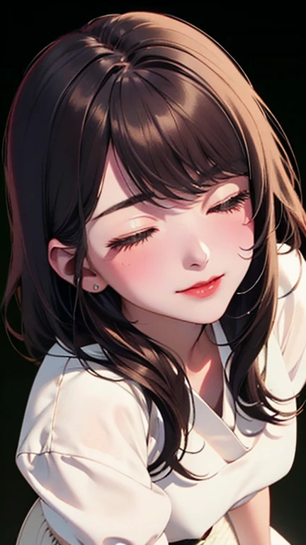 Blushing lightly and smiling, (Top quality masterpiece:1.2) Delicate illustrations, Very detailed, /Beautiful Japanese Woman、1 person,Very cute and slim、Excellent style 、((8K images、super high quality))、Very delicate face, Skin and Hair、Red lipstick、Long Hair、beautiful forehead,(((((Gradient Hair、Brown Hair))))),Very cute Japanese cut face、Eyes and nose are clearly visible、Kind eyes,(((White blouse、Tight Skirt)))