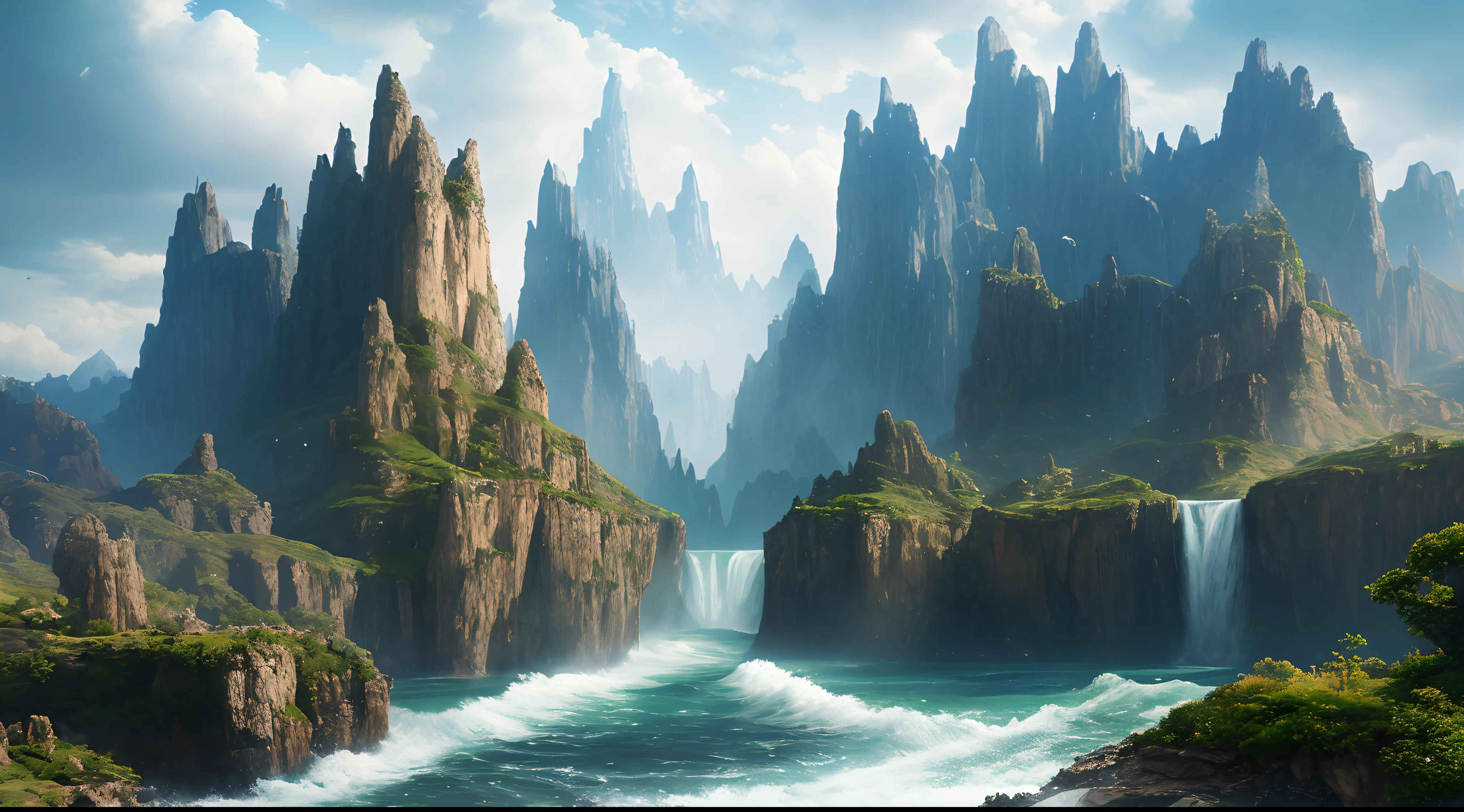 masterpiece, 最high quality, high quality, Very detailedな CG ユニティ 8k 壁紙, landscape, Outdoor, null, cloud, null, No humans, Mountain, landscape, water, wood, blue null, waterfall, cliff, nature, lake, river , cloudy skies, Award-winning photography, Bokeh, Depth of written boundary, High resolution, bloom, chromatic aberration, Photorealism, Very detailed, Trending on Artstation, Trending on CGSociety, Complex, Attention to detail, dramatic, Art on the road