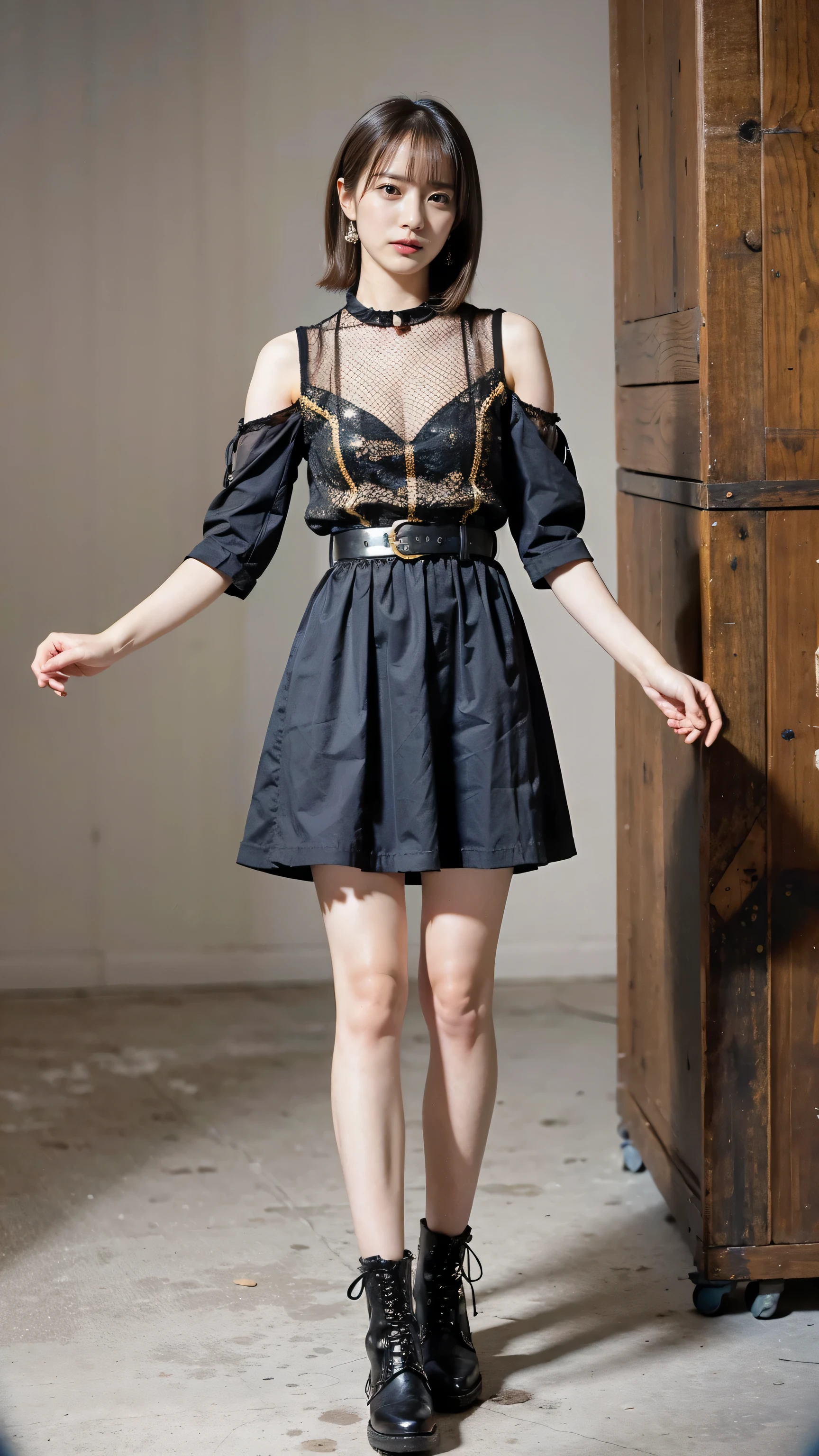 (8K、Raw photo、highest quality、masterpiece:1.2)、(Realistic、Photorealistic)、1 girl、((black and white dress、Gold Belt、See-through、boots、squirt、Large Breasts、View from the front、Are standing))、Lots of eyelashes、Sparkling eyelids、skeletally correct