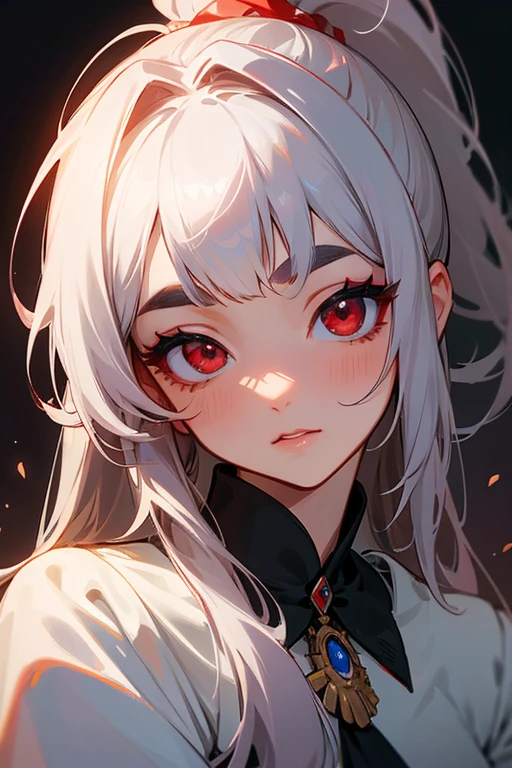(highest quality, masterpiece:1.2), High resolution, Very detailed, Realistic:1.37, Fantasy, An illustration, Hair is whiteいです、Red eyes、Queen, White Dress.Platinum decoration、beautifully、Eyeshadow Red、Thick eyebrows、Long eyelashes、pupils are black、Hair is whiteい、Kissing Face、Embarrassing、Loved、ponytail、Hair is white、