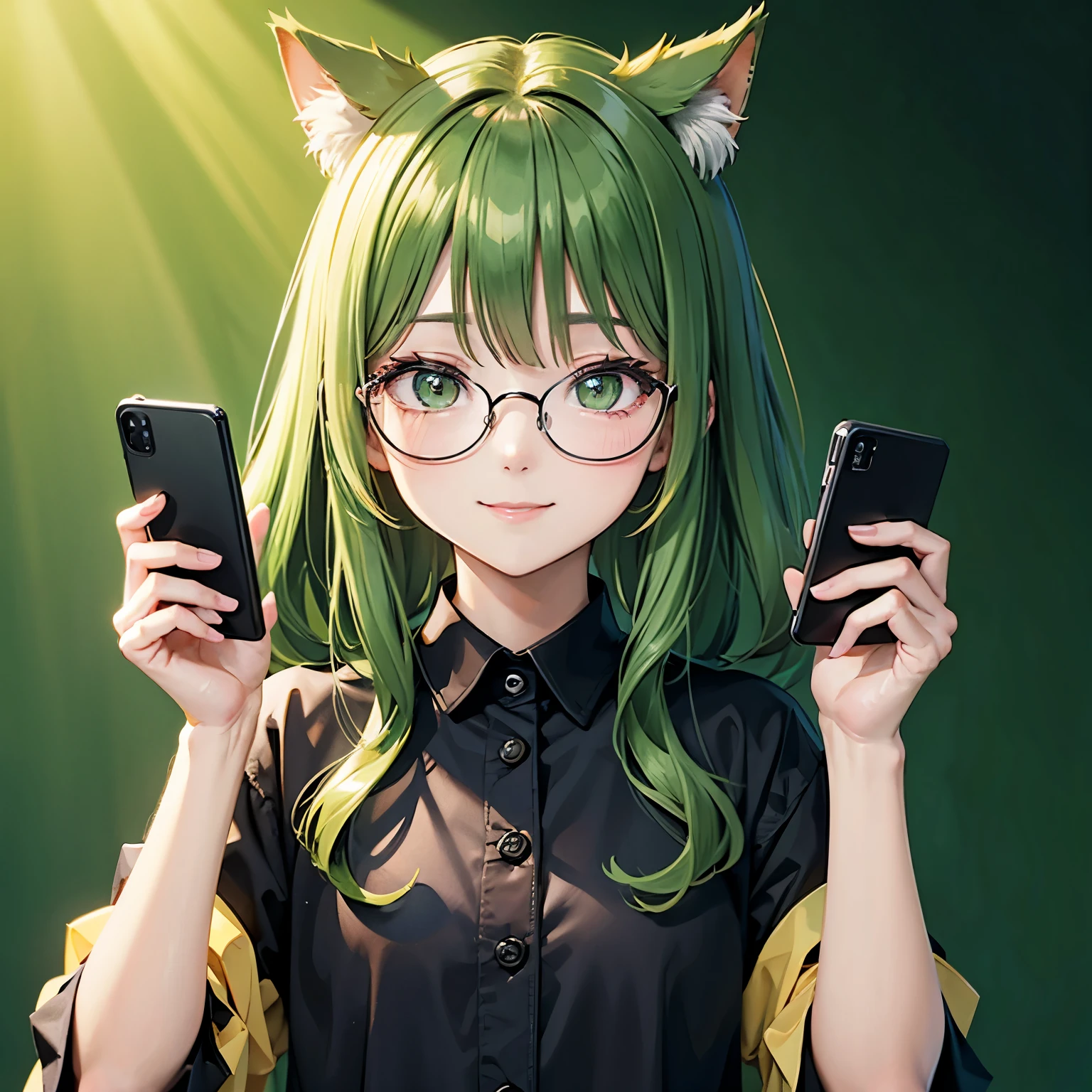 smartphone、A cat wearing a dark yellow-green ribbon、Dark yellow-green hair、Dark yellow-green eyes、Glasses、Dark lime green clothing、serious、smile
