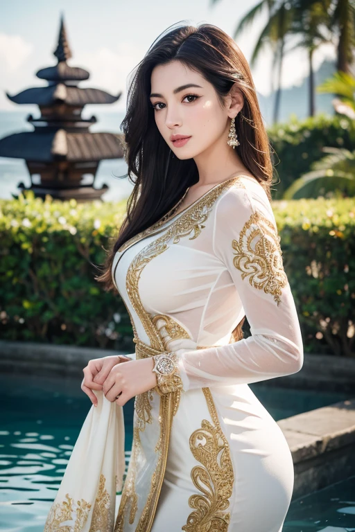 masterpiece, ultra realistic,32k,intricate details, sharp focus, realistic, closed, seductive pose, black eyes, jewelr, lips, realistic, looking_at_viewer,  wet skin, shiny skin, long sleeves, indonesian clothes, bali, Anne Hathaway, cityscape, dynamic pose, red kebaya,full body,busty body,curvy body,long hair,beauty face,cowboy shot