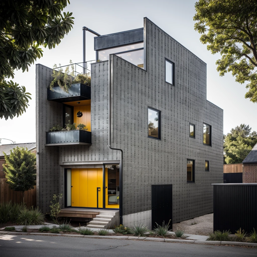 house exterior industry style, dark yellow and green color scheme, like an oldtime industry factory,raw materials, exposed structural elements, and simple, clean lines,rough-hewn steel, polished concrete, glass, and exposured brick,