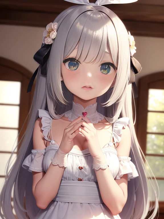 masterpiece, highest quality, Very detailed, figure, One girl, alone, close, ((surprised)), green_eye, Open_mouth, blush, Eyebrow_appear_Through_hair, length_hair, hair_ribbon, ribbon, Frills, race, white_dress, cute, soft_shading, watercolor, pastel_color, flower, flowerびら, Bokeh, (big sized heart shaped accessory on hair:1.3)