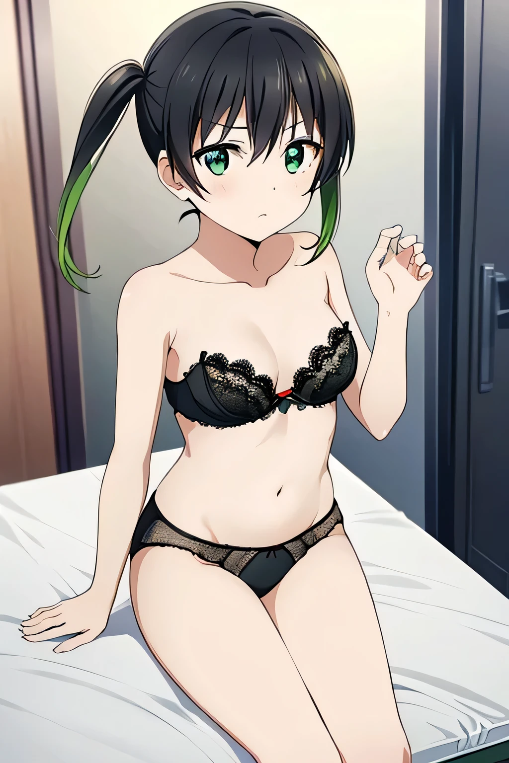 (highest quality, Tabletop:1.2),View audience, Shyly,blush,((surprise)),Open your mouth,takasaki yuu,  Multicolored Hair, Green Eyes, Twin tails, Black Hair,Hair between the eyes,((Strapless_Black bra)),((Lace Underwear)),locker room,Normal chest,