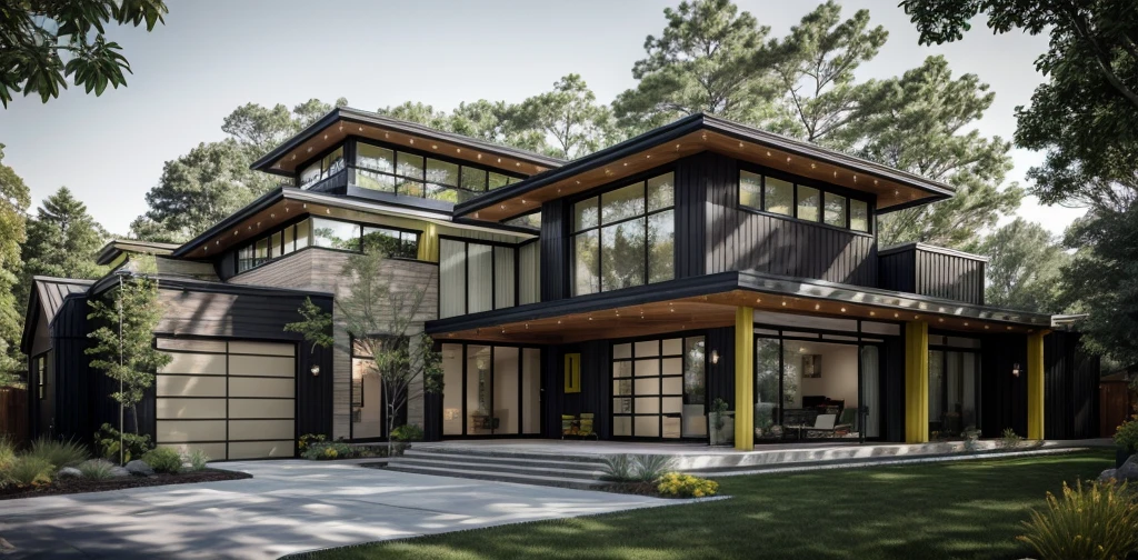 house exterior industry style, dark yellow and green color scheme, like an oldtime industry factory,raw materials, exposed structural elements, and simple, clean lines,rough-hewn steel, polished concrete, glass, and exposured brick,