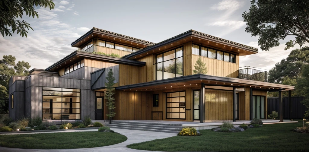 house exterior industry style, dark yellow and green color scheme, like an oldtime industry factory,raw materials, exposed structural elements, and simple, clean lines,rough-hewn steel, polished concrete, glass, and exposured brick,