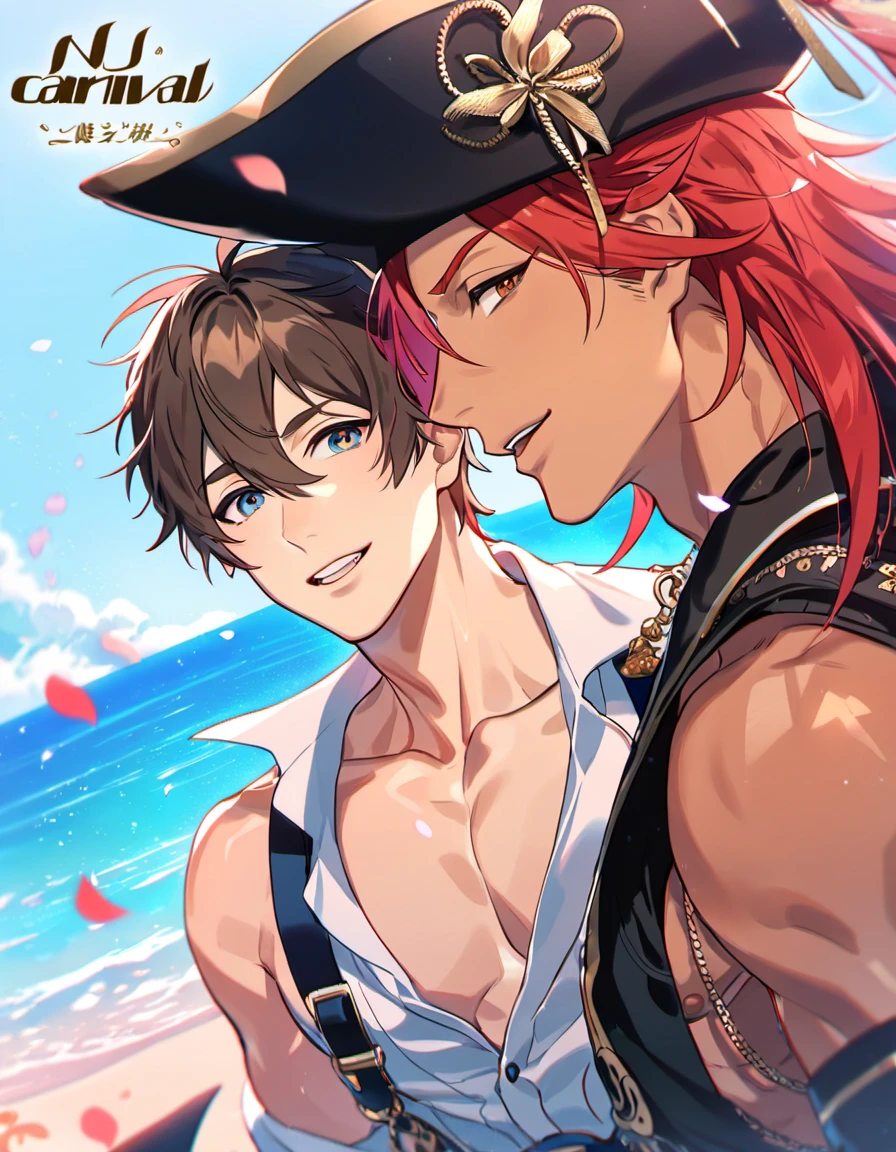absurdres, highres, ultra detailed, HDR, master piece, best quality, Eiden, brown hair, expressive brown eyes, Nu Carnival, Dante with tanned skin, long red hair, expressive blue eyes, two men together, gay couple, handsome, fantasy black pirate clothes, black hat, sea, beach, petals