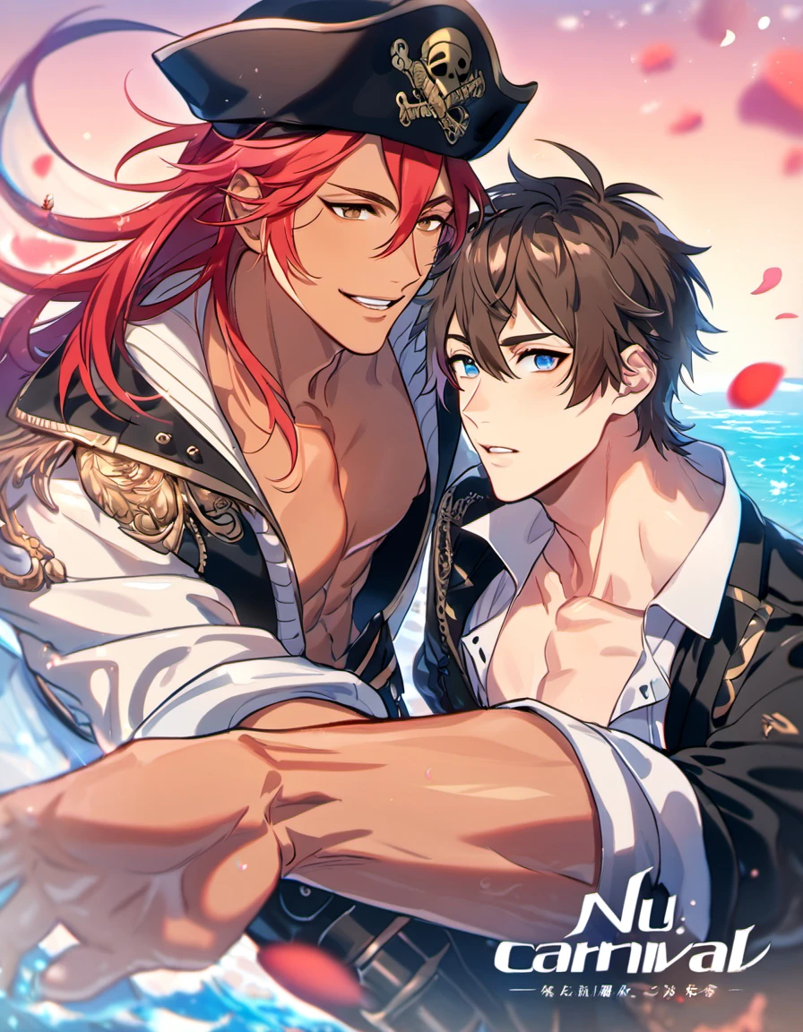 absurdres, highres, ultra detailed, HDR, master piece, best quality, Ryoumen Sukuna, pink hair, expressive red eyes, Jujutsu Kaisen, Quincy, black hair, hair between the eyes, expressive red eyes, two sexy men together, yaoi, gay couple, handsome, horny, black hat, fantasy black pirate clothes, accessories, showing the chest, beach, sea, petals, flowers, Nu Carnival