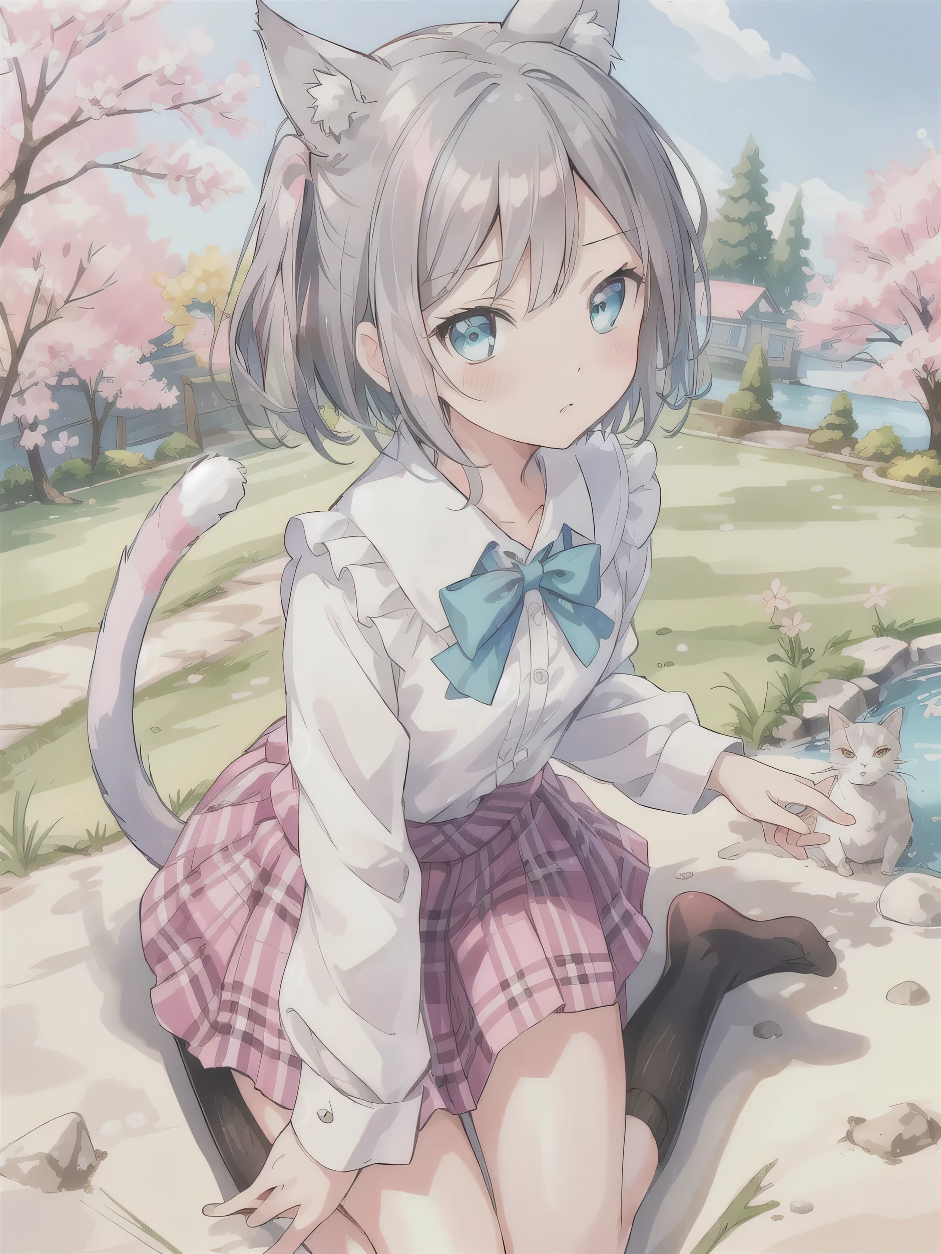 ((masterpiece)), (highest quality), (Very detailed), (Beautiful illustrations),
Outdoor, garden, cherry blossoms,
tsutsukakushi tsukiko,Grey Hair,short hair,Aqua Eye,Side Ponytail,,White shirt,Pink plaid skirt,Black legwear,
alone,  Cat_ear,  blush,
Kneel, From above, Face Focus, Face close-up, Cat_hand_Pause, poker face, fist