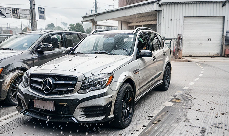 Fast cars on the road, Wide body, Low quality granular, [ The art of math ]!!, Granular low quality, HDR shooting, kodakchrome : : Eight thousand, steel gray body, Mercedes, HD, HDR photos, A perfect masterpiece, Low resolution, hdr render, Made with photoshop