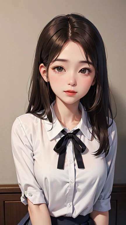 Blushing lightly and smiling, (Top quality masterpiece:1.2) Delicate illustrations, Very detailed, /Beautiful Japanese Woman、1 person,Very cute and slim、Excellent style 、((8K images、super high quality))、Very delicate face, Skin and Hair、beautiful forehead、Red lipstick、Long Hair,(((((Gradient Hair、Brown Hair))))),Very cute Japanese cut face、Eyes and nose are clearly visible、Kind eyes,(((White blouse、Tight Skirt)))